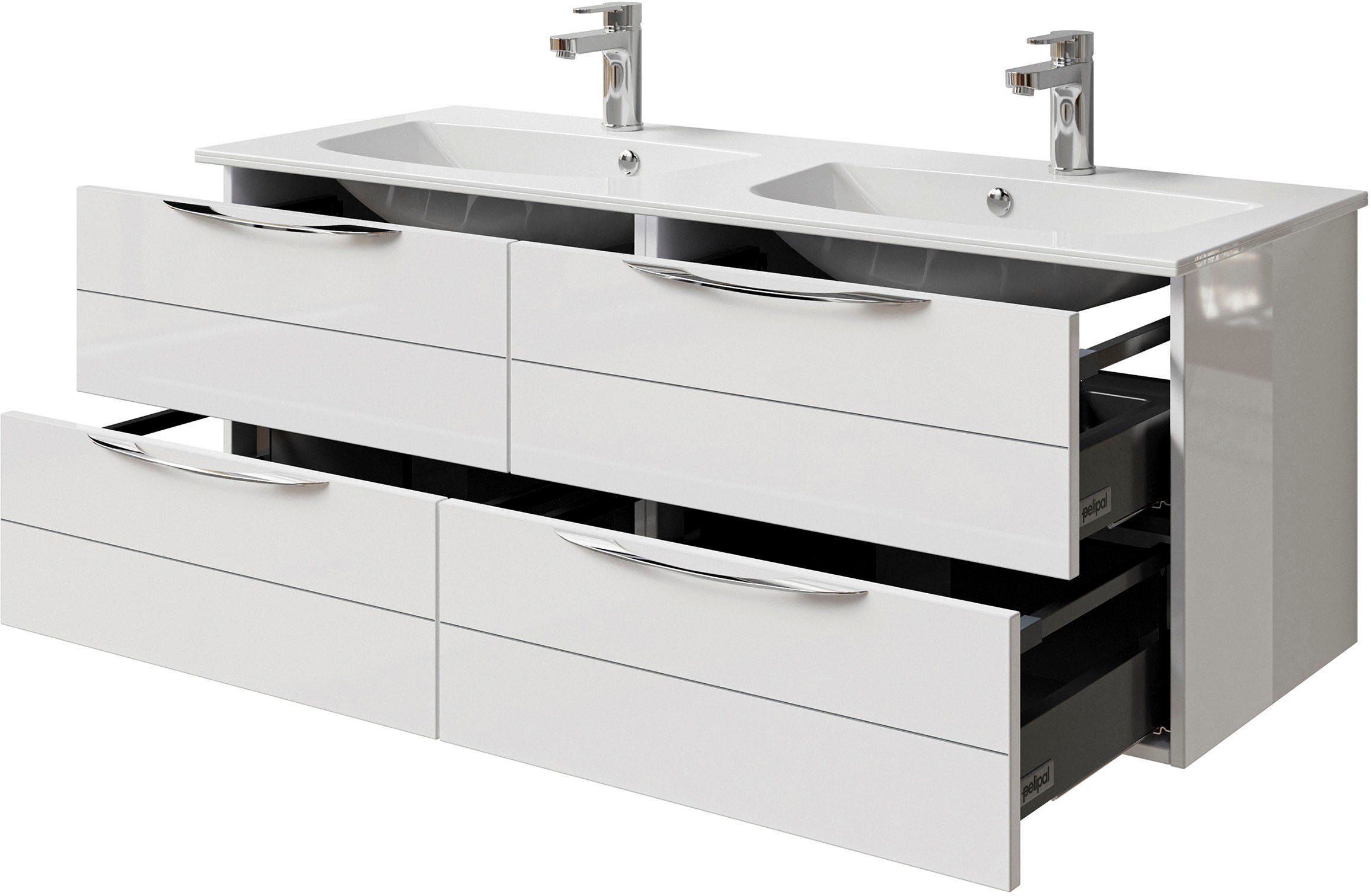 Saphir Wastafelonderkast Serie 6025 mineraalmarmeren wastafel met onderkast, 132 cm breed Dubbele wastafel met 4 lades, hangend, verschillende uitvoeringen (2-delig)