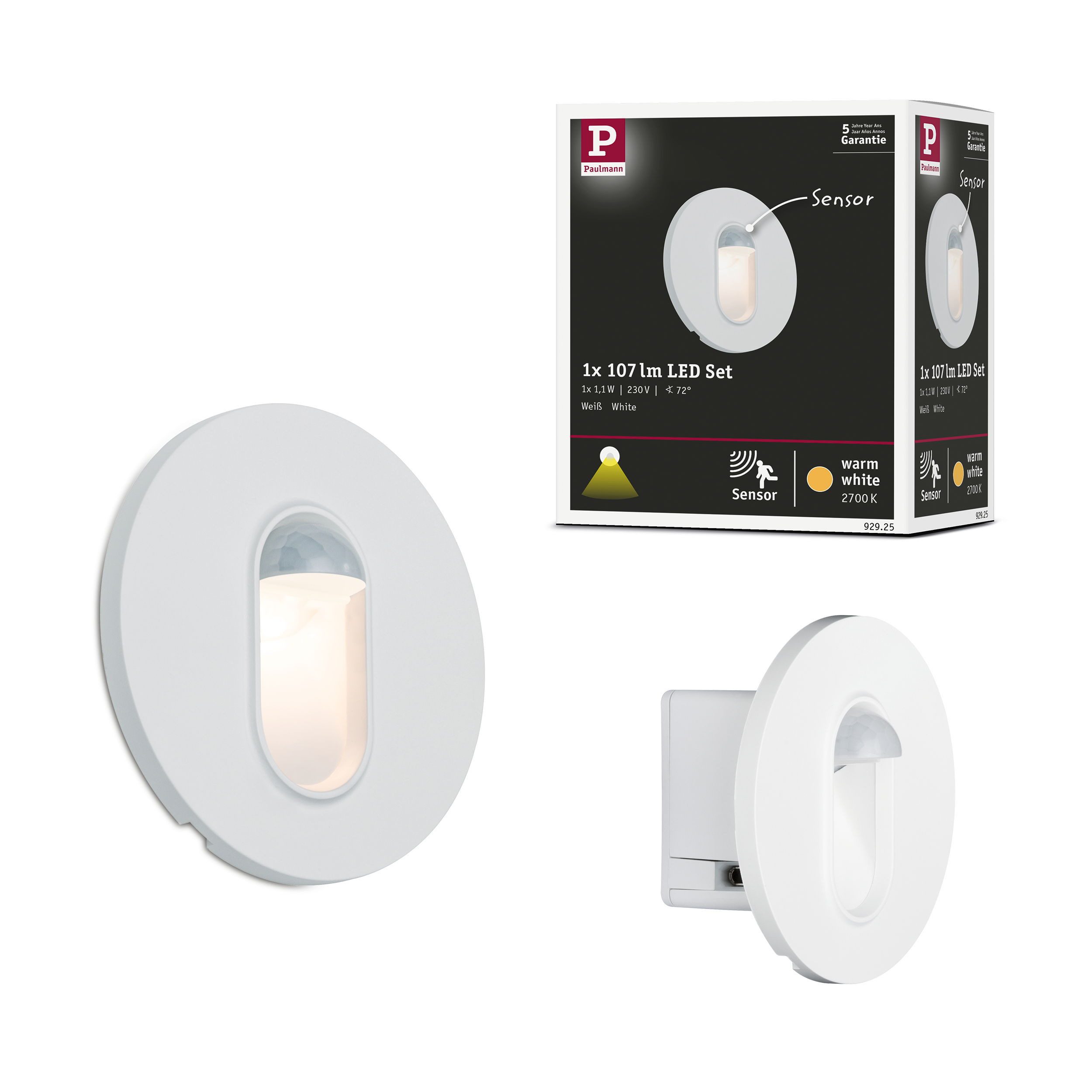 Paulmann Led-wandlamp Inbouwlamp rond Wit 2,7W met bewegingssensor schemeringssensor (1 stuk)