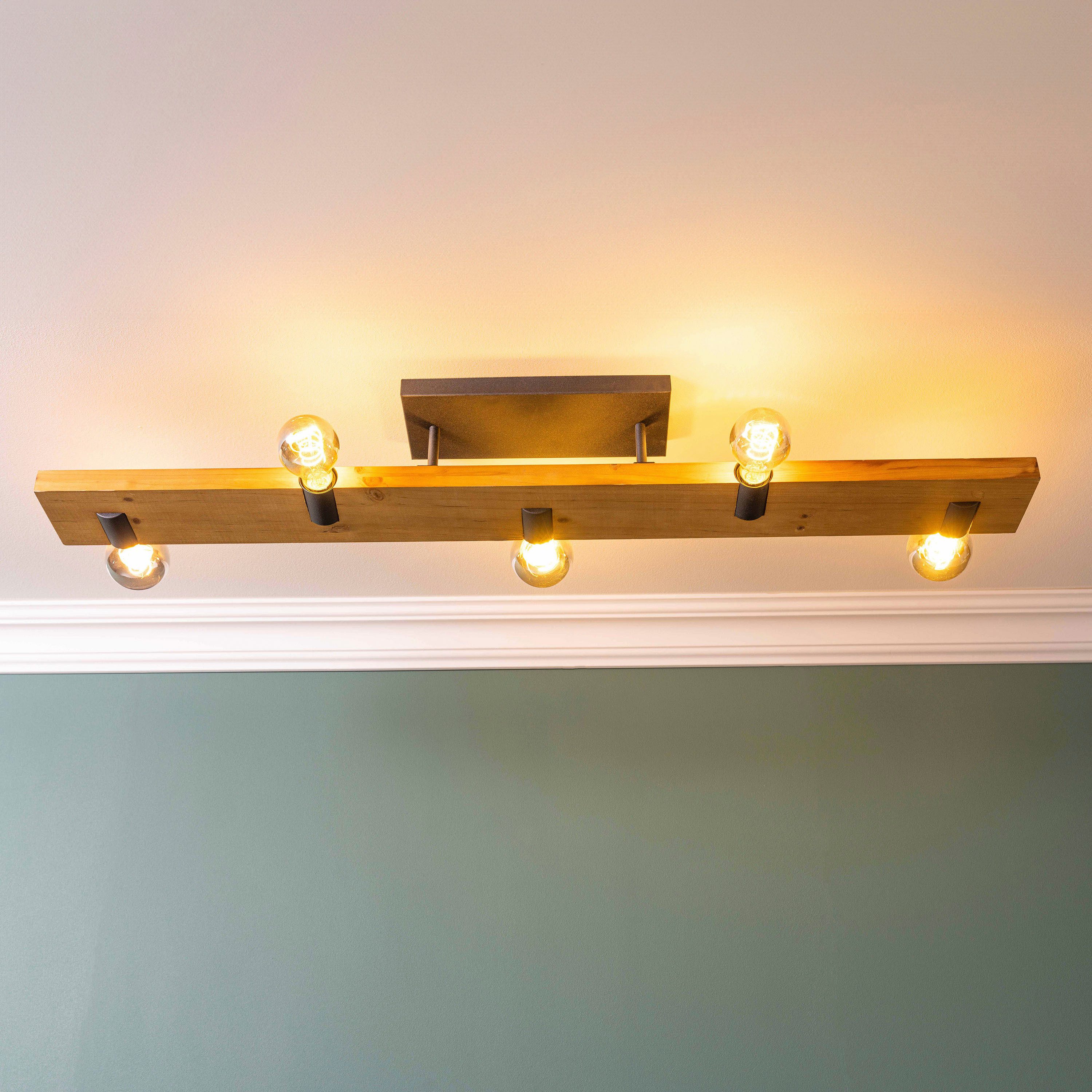 Brilliant Leuchten Plafondlamp Mertes Plafondlamp, E27, 115 x 12,5 cm, hout/metaal, bruin/zwart (1 stuk)