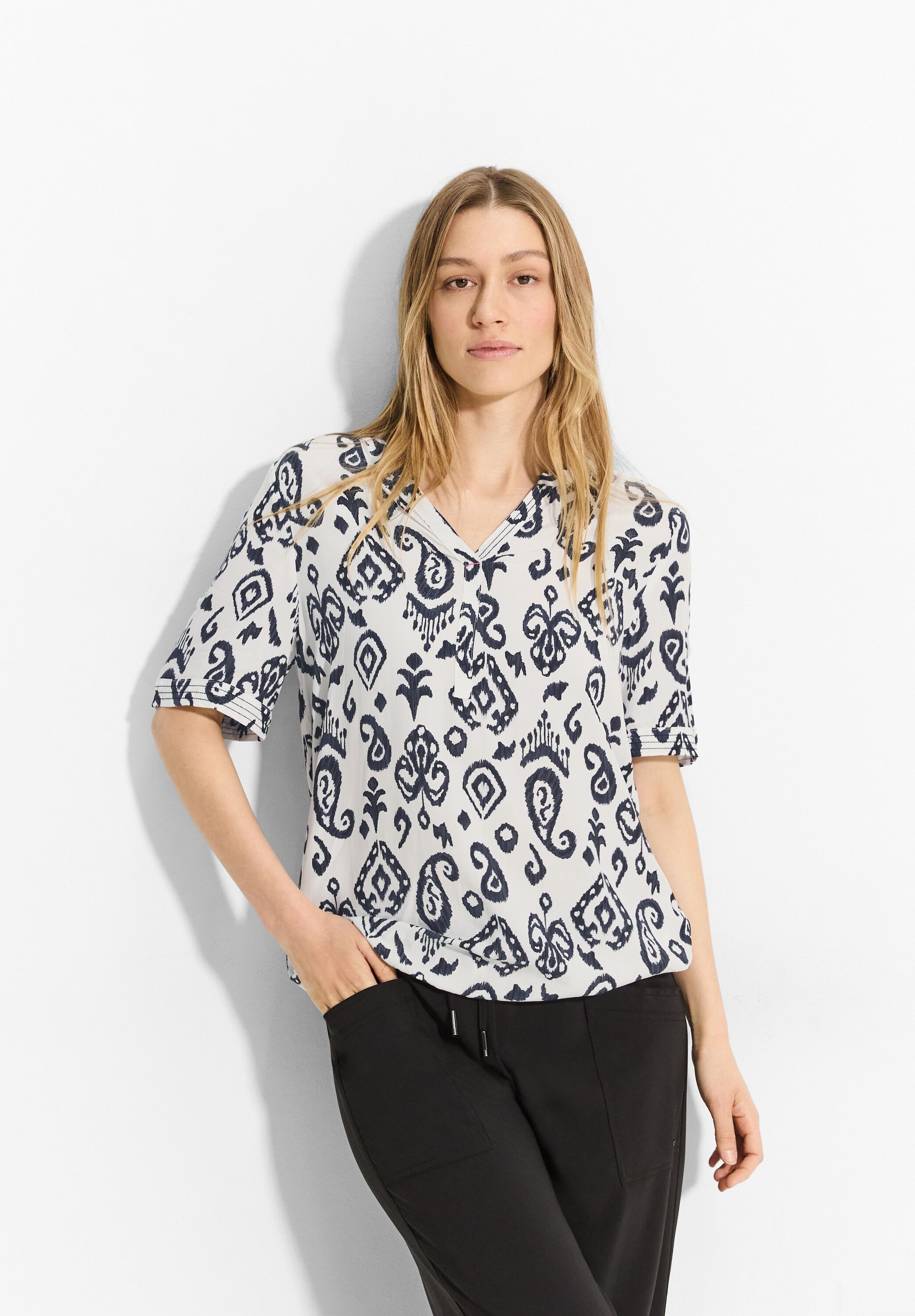 Cecil Blouse met korte mouwen Hals met split van puur viscose en met print
