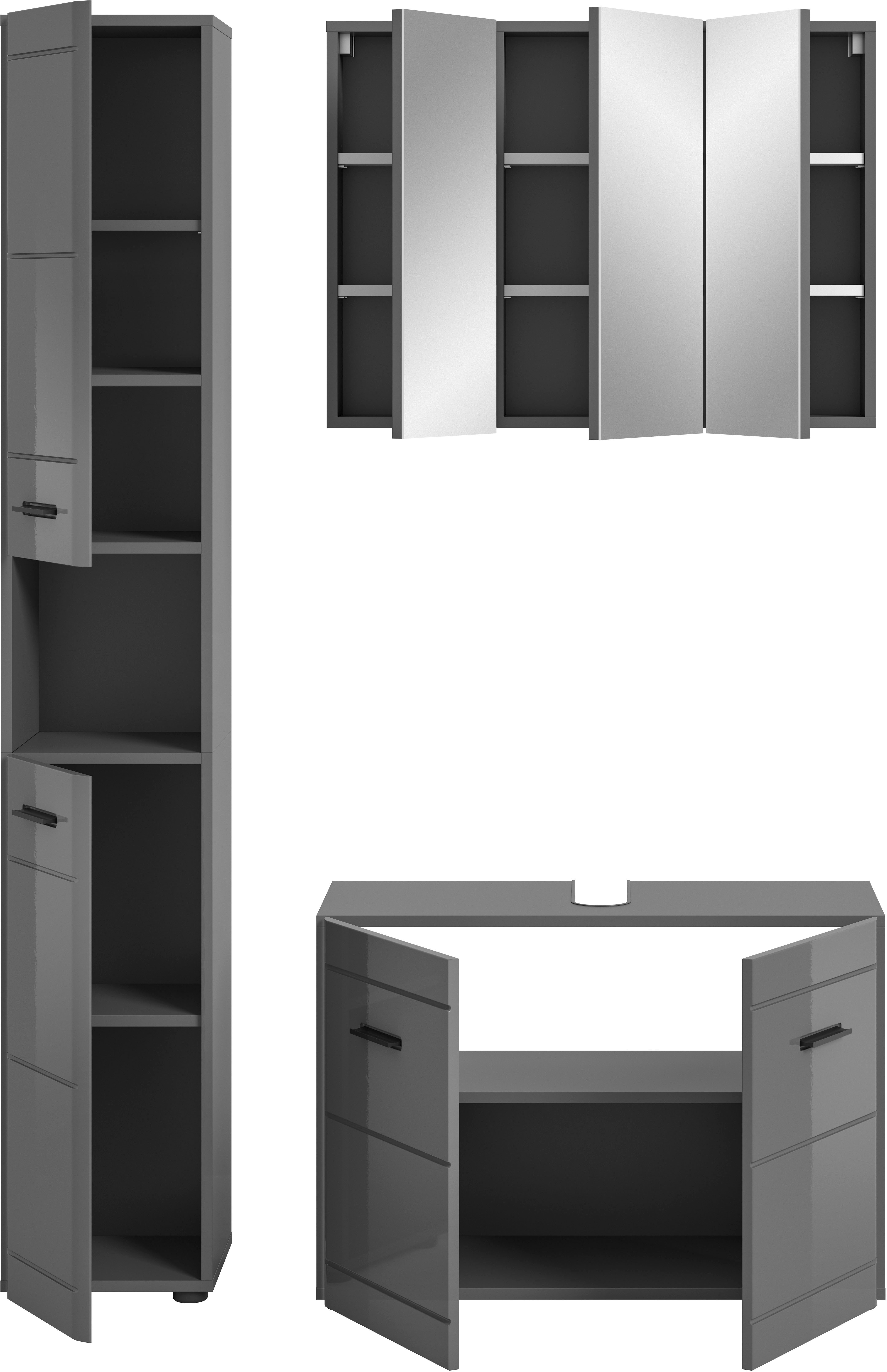 welltime Badmeubelset Doux, bestaande uit: hoge kast, wastafelonderkast Spiegelschrank, hoogwaardige hoogglans MDF front met groeffrasing (3 stuks)