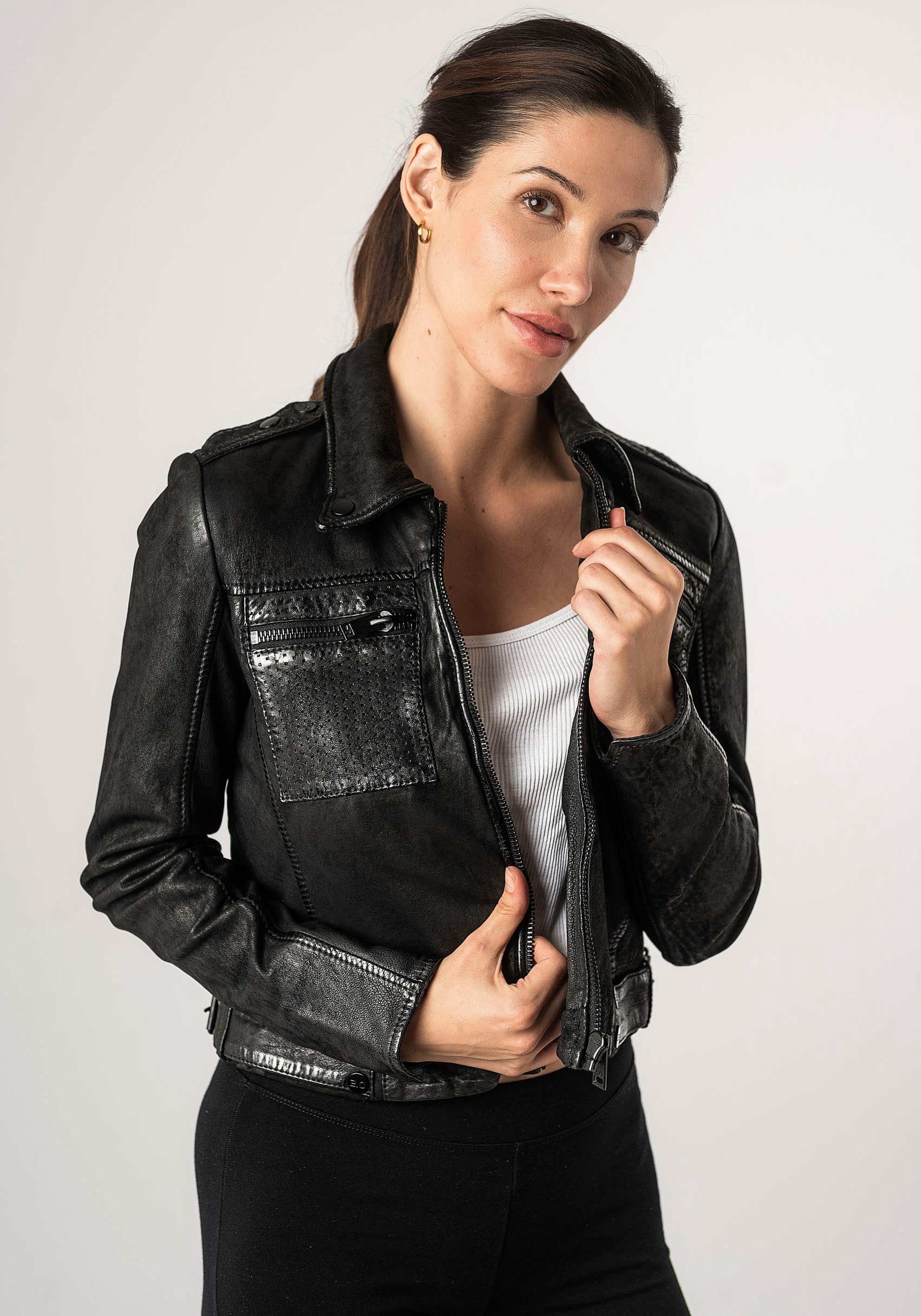 Mauritius Leren jack 2Wmarin STR met schouderflappen, met borstzakken, met studs