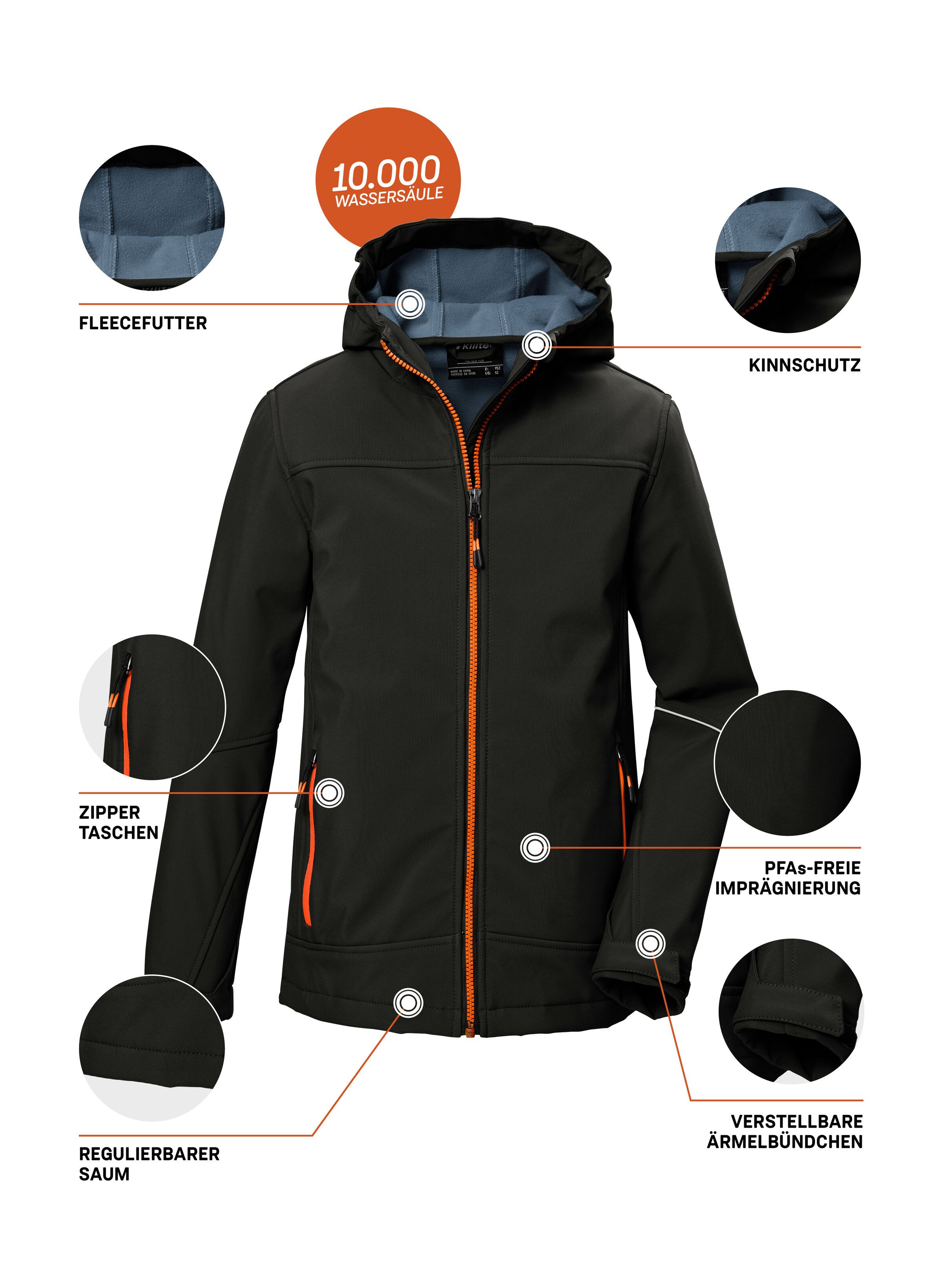 Killtec Softshell-jack KOW 366 BYS SFTSHLL JCKT Waterafstotende softshelljack met fleece capuchon en reflectoren