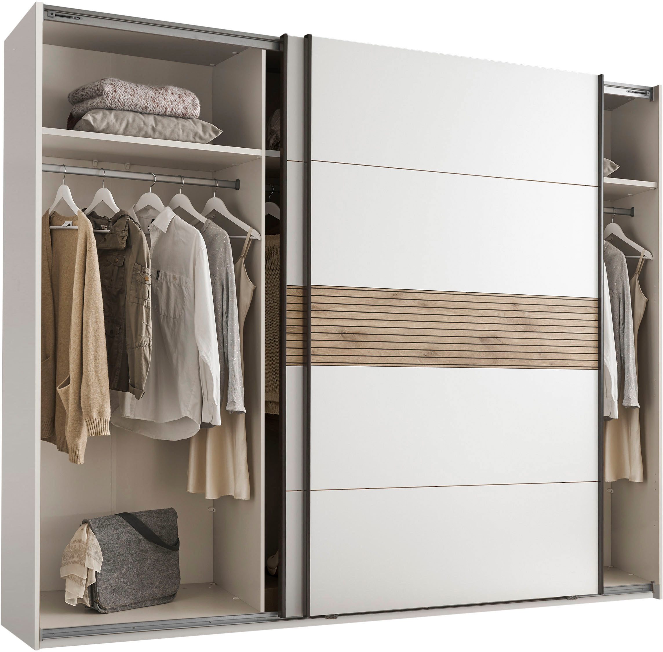 Schlafkontor Kledingkast Leo zweefdeurkast, schuifdeurkast met spiegel Accent in Viking Oak lichte ribbelstructuur en spiegel