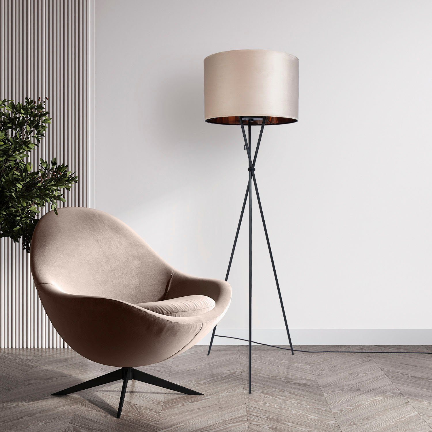 Paco Home Staande lamp Kate uni kleur Woonkamer driepoot vloerlamp velours hoogte 177,5cm filigraan E27