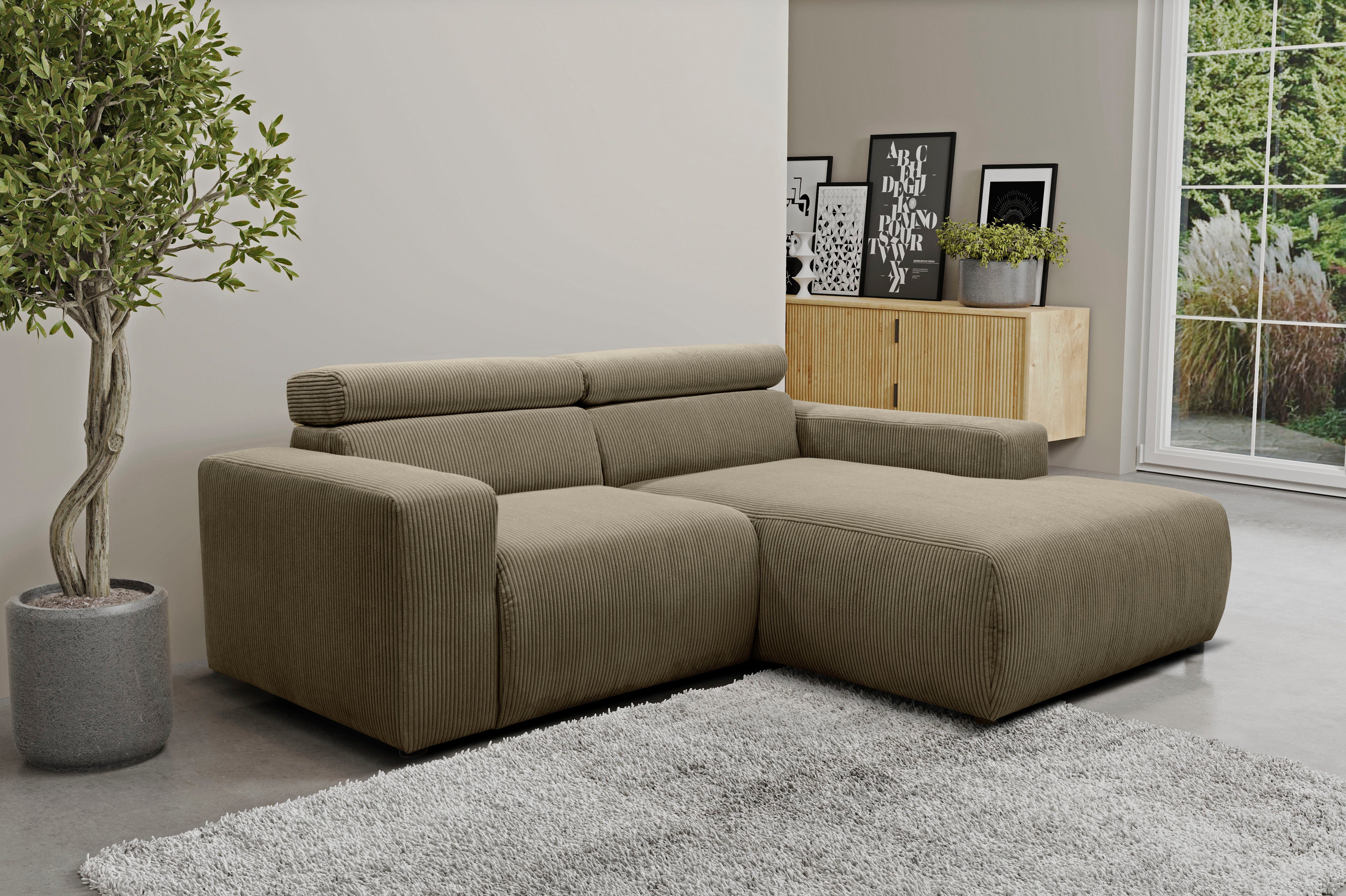 DOMO collection Hoekbank Brandon kleine versie BxDxH: 214x100x80 cm Met verstelbare hoofdsteun, ook in leer en cord, L-model