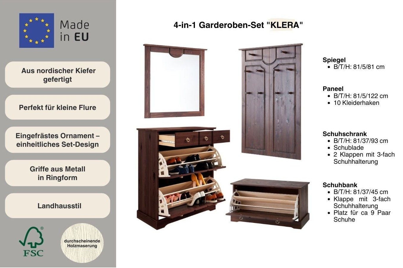 Home affaire Halmeubelset Klera 4-delig, van massief grenen, fsc®-gecertificeerd (set, 4-delig)