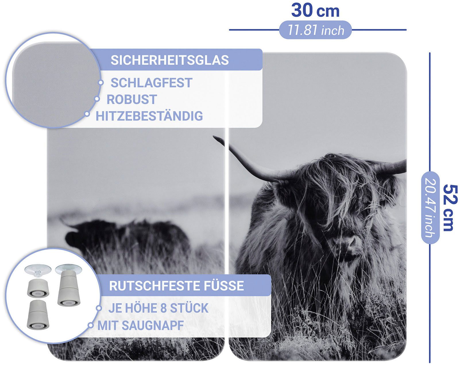 WENKO Kookplaatdeksel Universal Model Highland Cattle Kookplaatafdekking voor alle soorten kookplaten, krasvast, met antislipvoetjes (set, 2-delig)