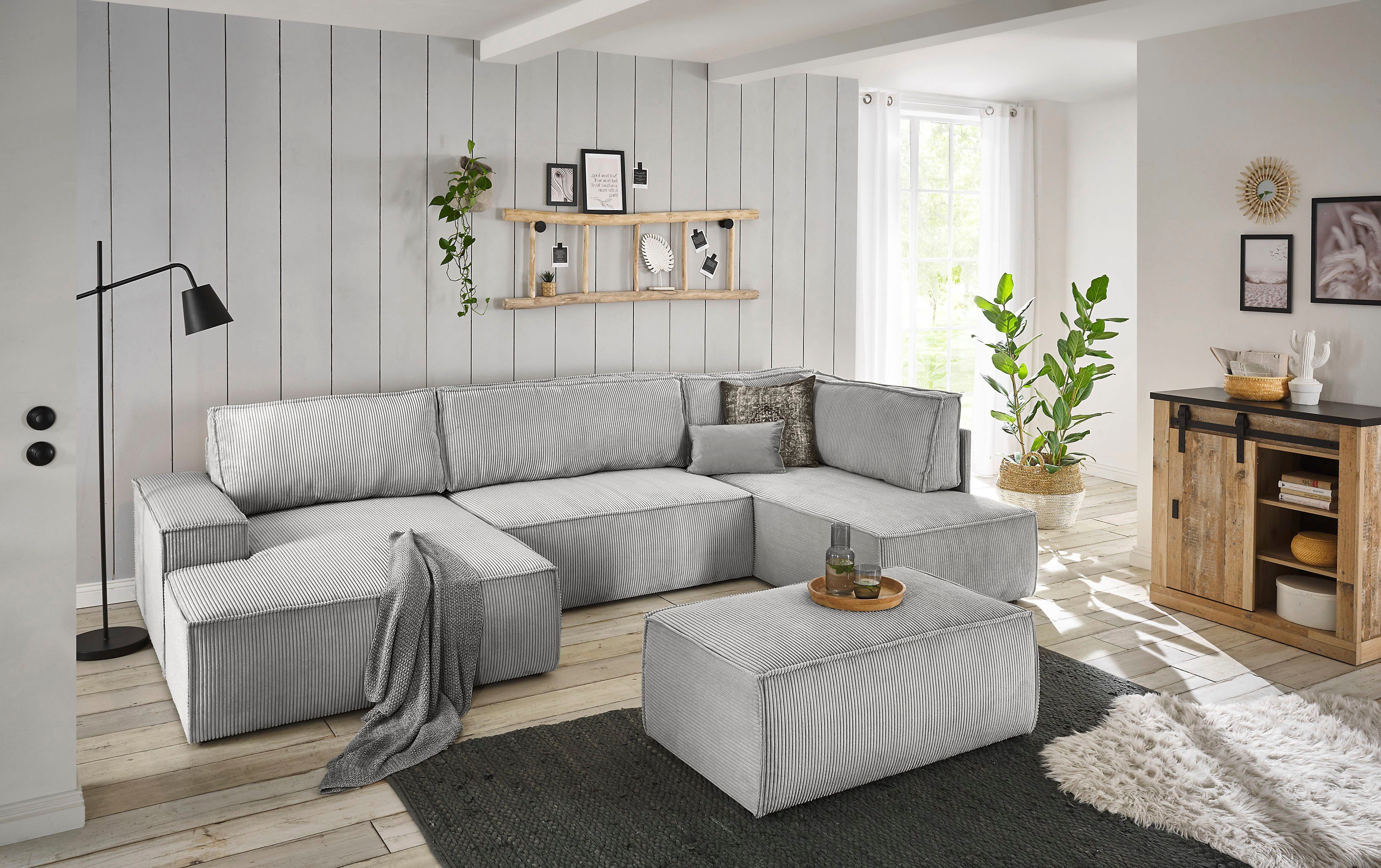 Home affaire Zithoek SHERWOOD 329 cm, U-vorm, slaapbank, Slaapfunctie met bedkist (194x139 cm), cord, vintage, fluweel