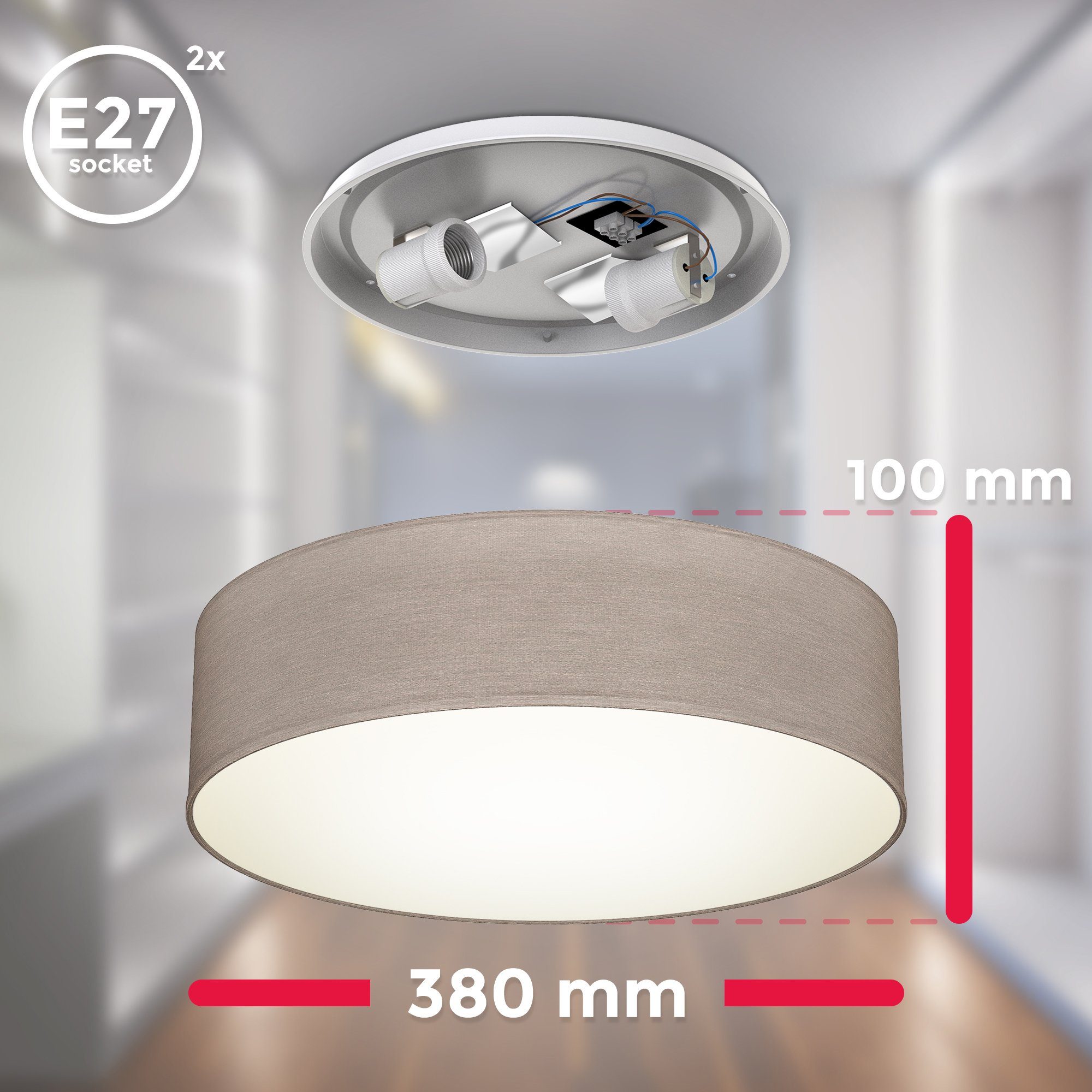 B.K.Licht Plafondlamp LED plafondlamp textielschaal woonkamer slaapkamer taupe 2xE27