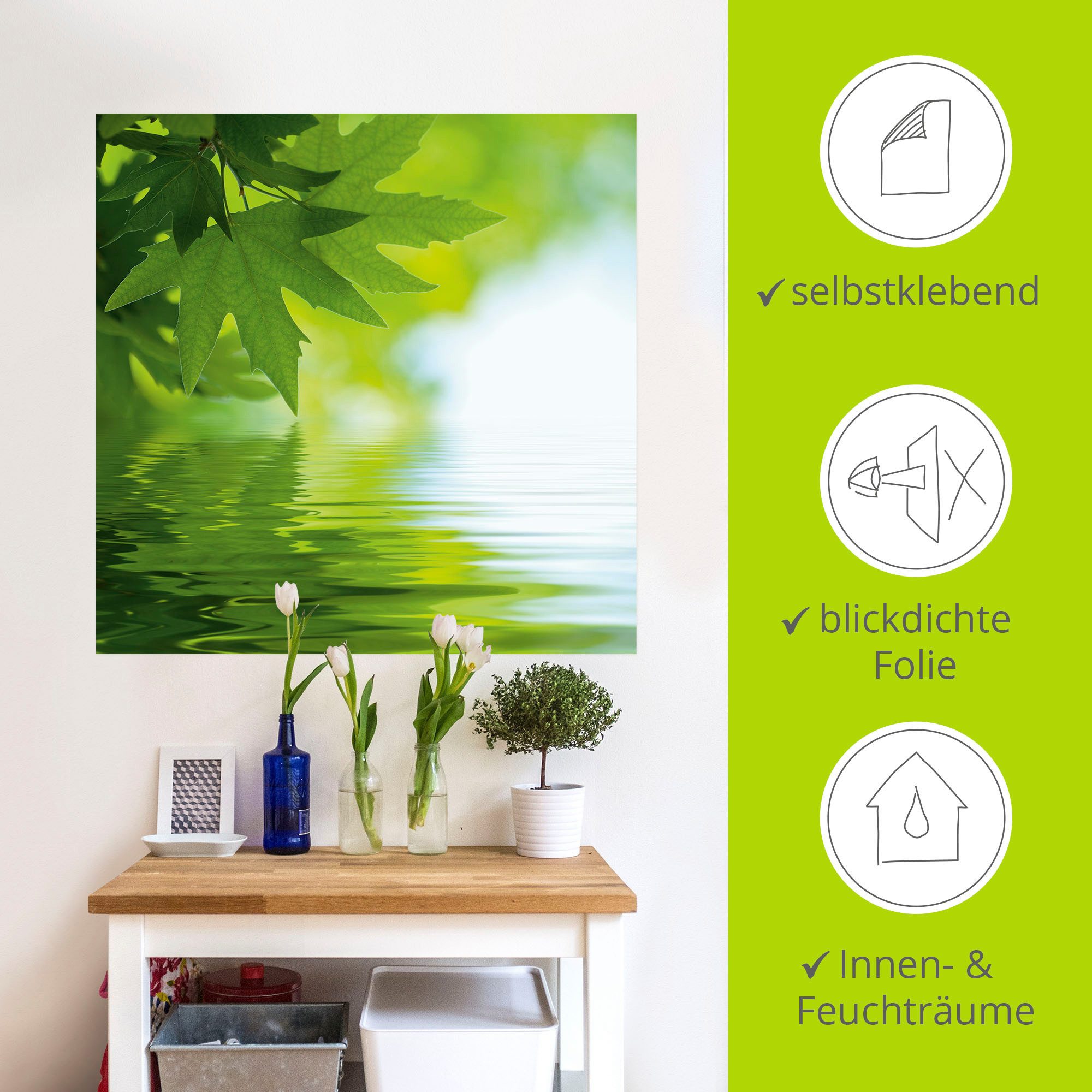 Artland Artprint Groene blaadjes reflecteren in het water als artprint op linnen, poster, muursticker in verschillende maten