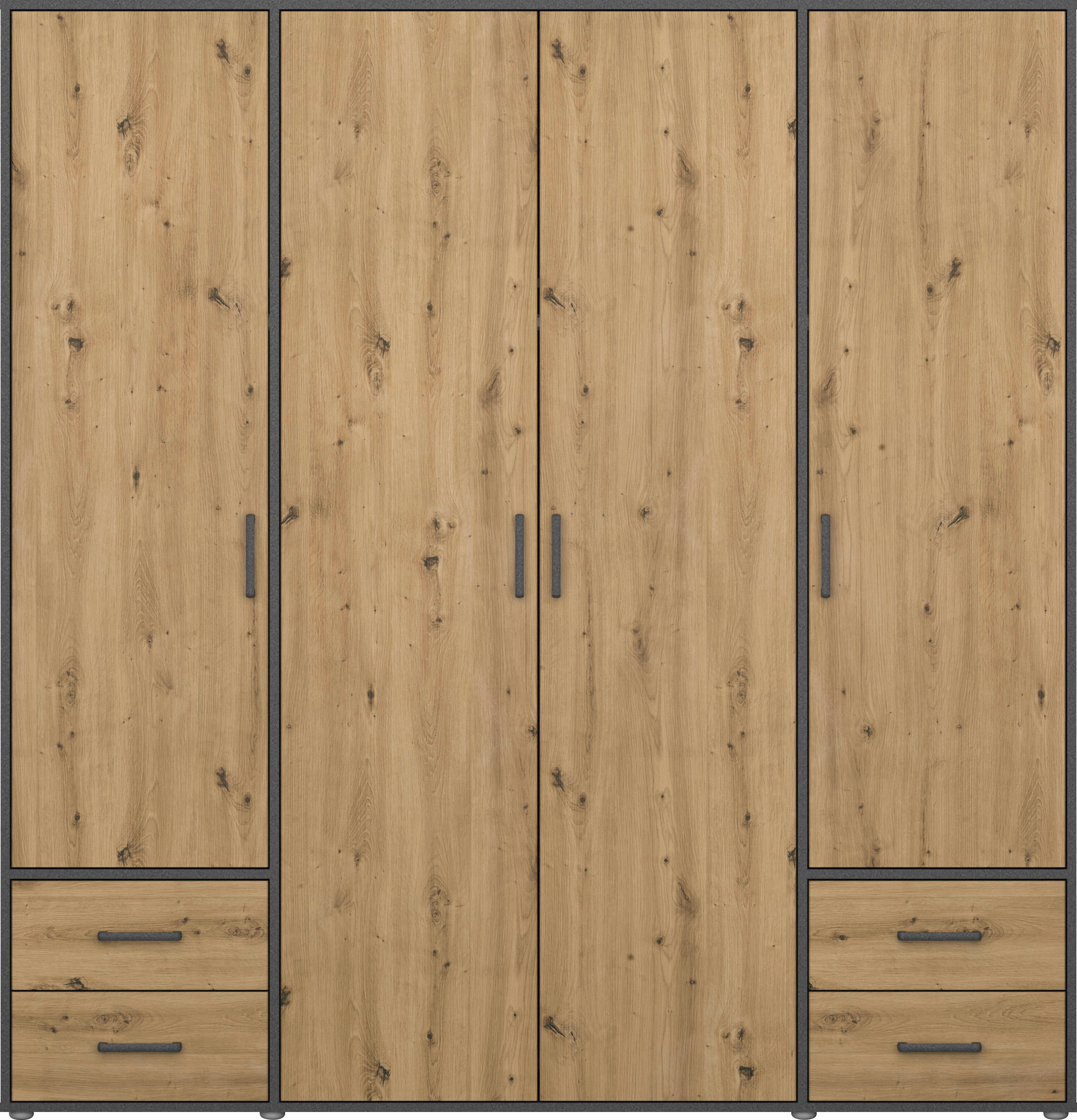 rauch Draaideurkast Voyager, kledingkast met buitenladen, garderobe moderne grepen in grijs metallic met buitenlades made in germany