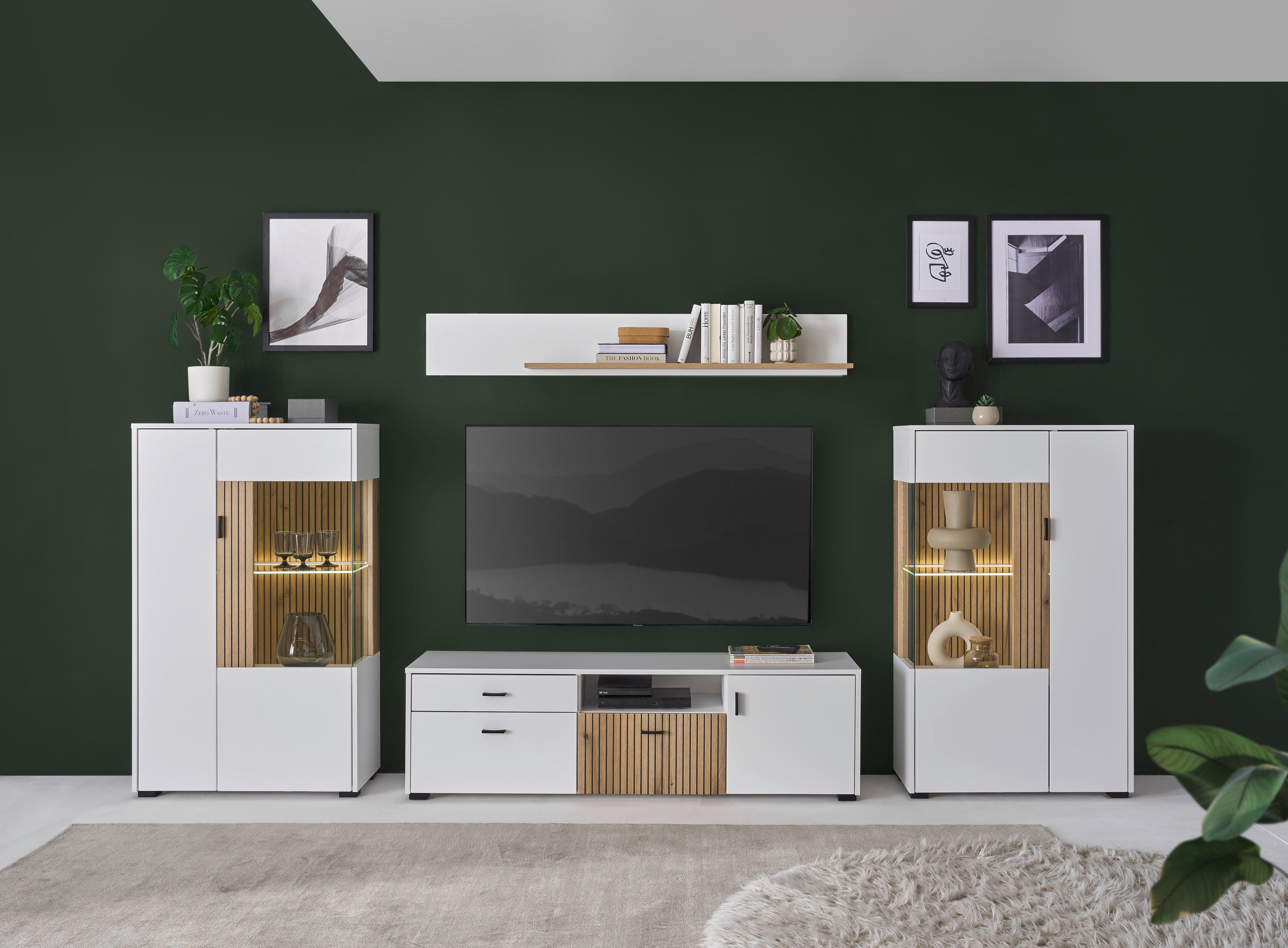 INOSIGN Wandmeubel Hudson met moderne groevenlook, handgrepen van metaal (zwart), breedte 320 cm (set, 4-delig) tv-wandmeubels wit
