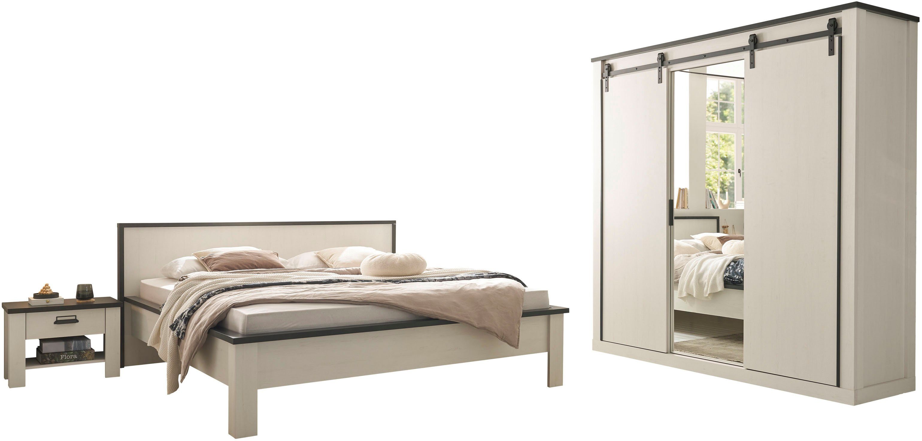 home affaire slaapkamerserie sherwood ligoppervlak 180 x 200 cm, kast 3-deurs 201 cm breed (4-delig) wit
