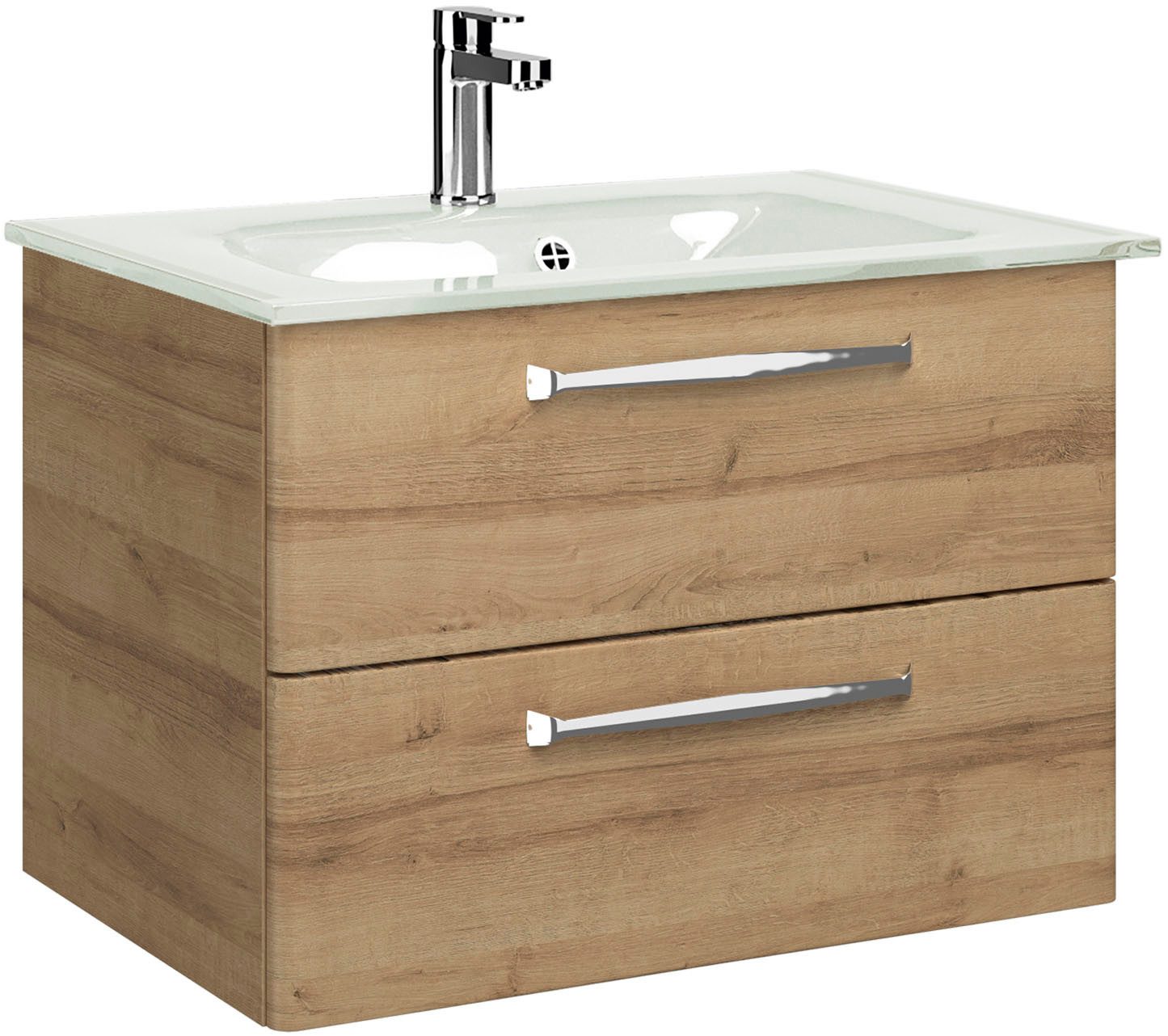 Saphir Badmeubelset Trentino 2-delig glazen wastafel, spiegelkast met LED-verlichting Badkamermeubel-set 77cm breed, incl. deurdemper, 3 deuren, 2 lades (3 stuks)
