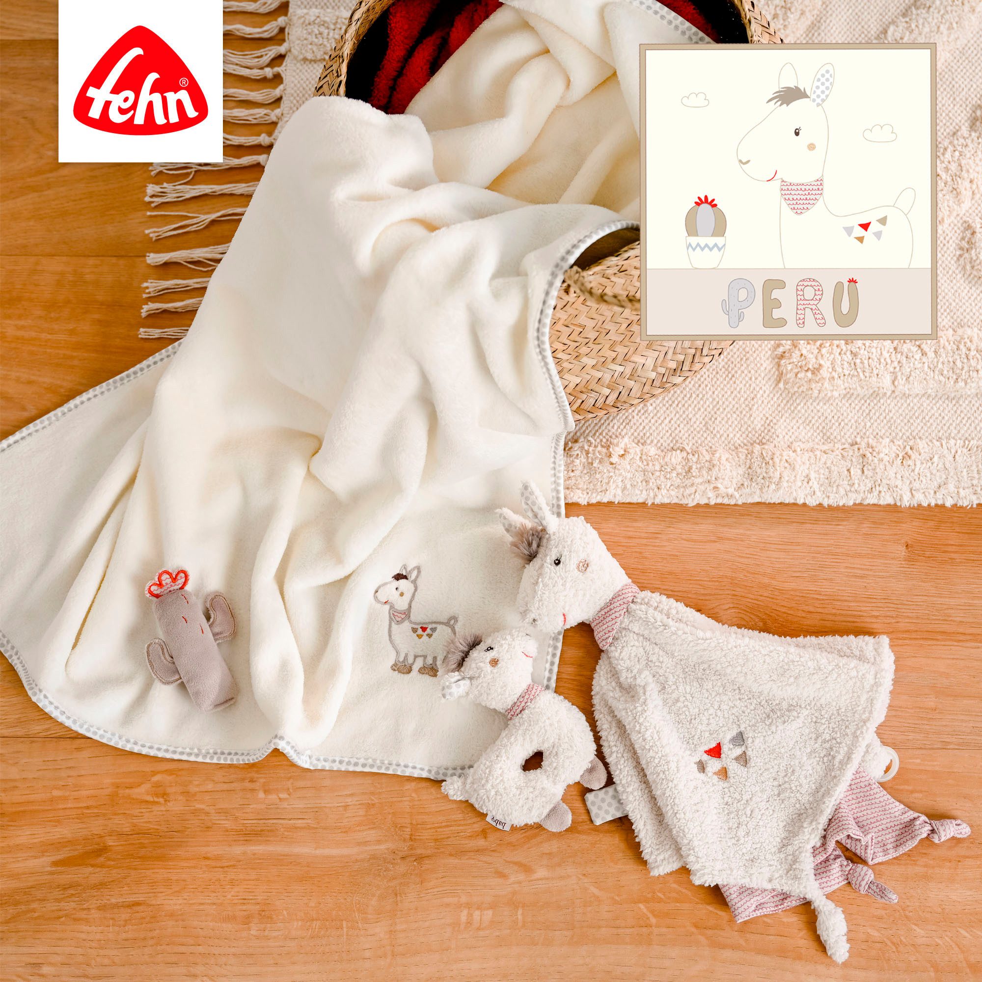 Fehn Knuffeldoek Peru, lama deluxe met bevestigingsring voor speen