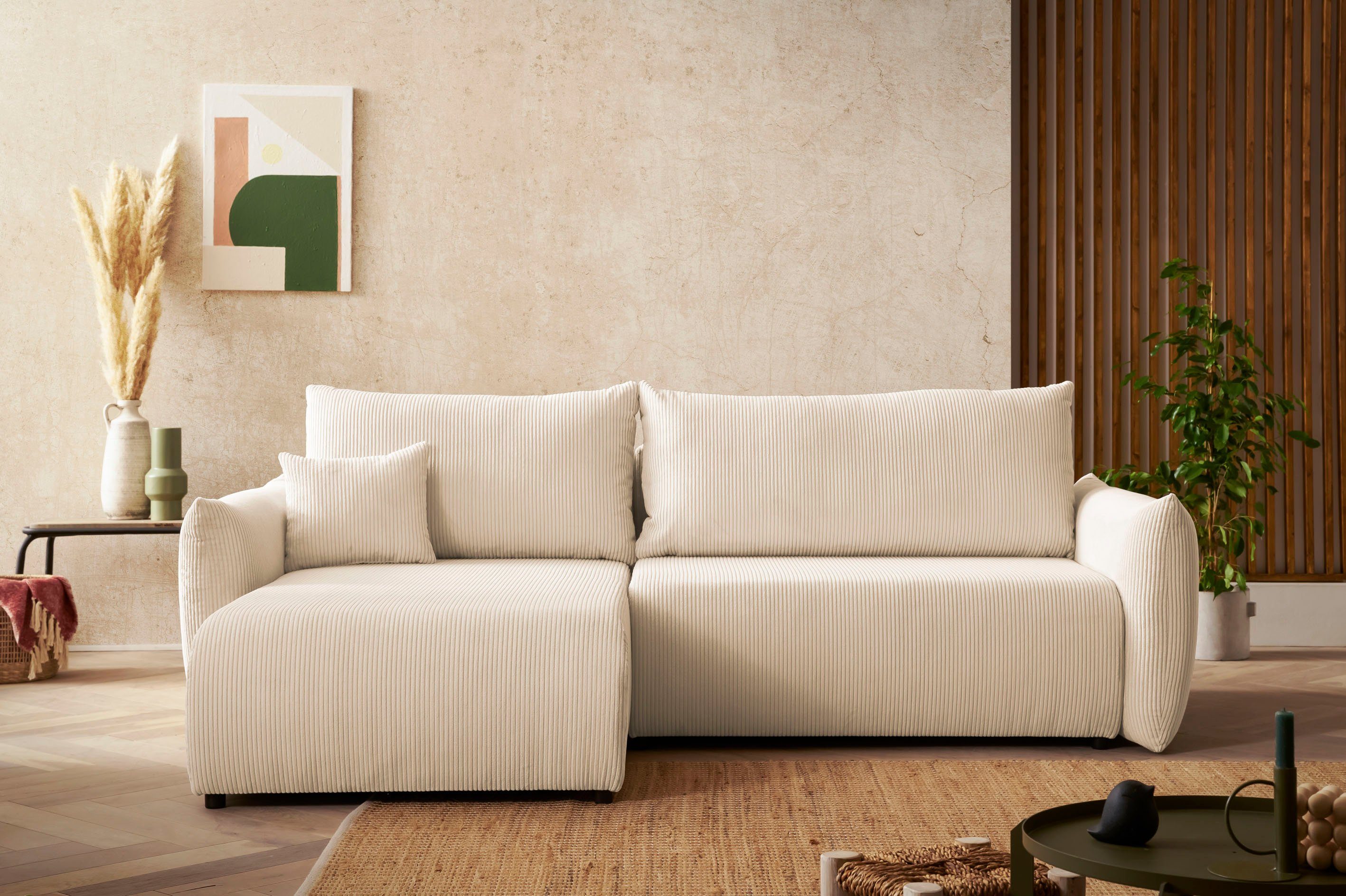 INOSIGN Hoekbank MAVAS bedbank met bedkist, L-model, ca. 257/127 cm (ligoppervlak 212/145 cm), ribfluweel, chenille, structuur