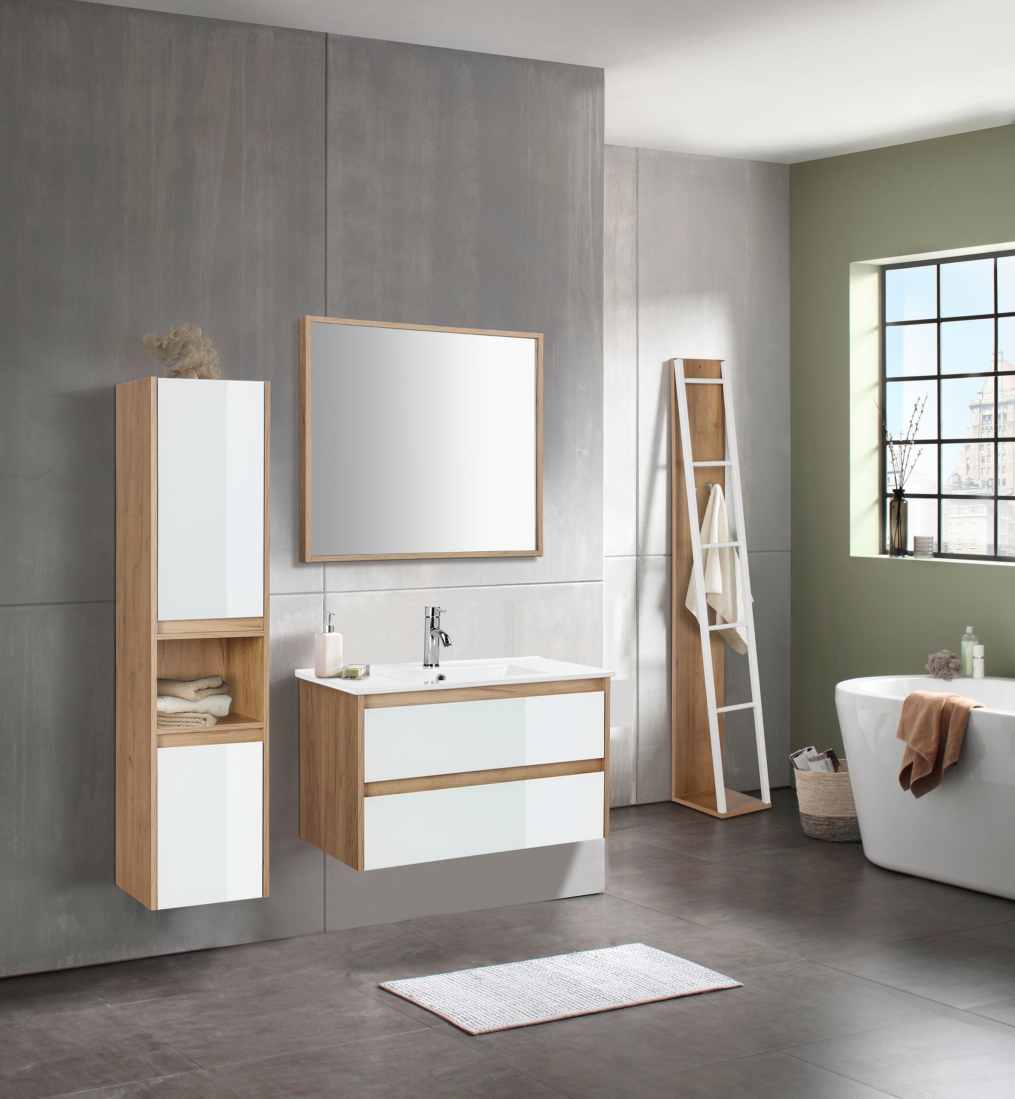 welltime Wastafelonderkast Torun badkamerkast onderkast met glazen fronten en soft-closesysteem (set) wastafelmeubels beige