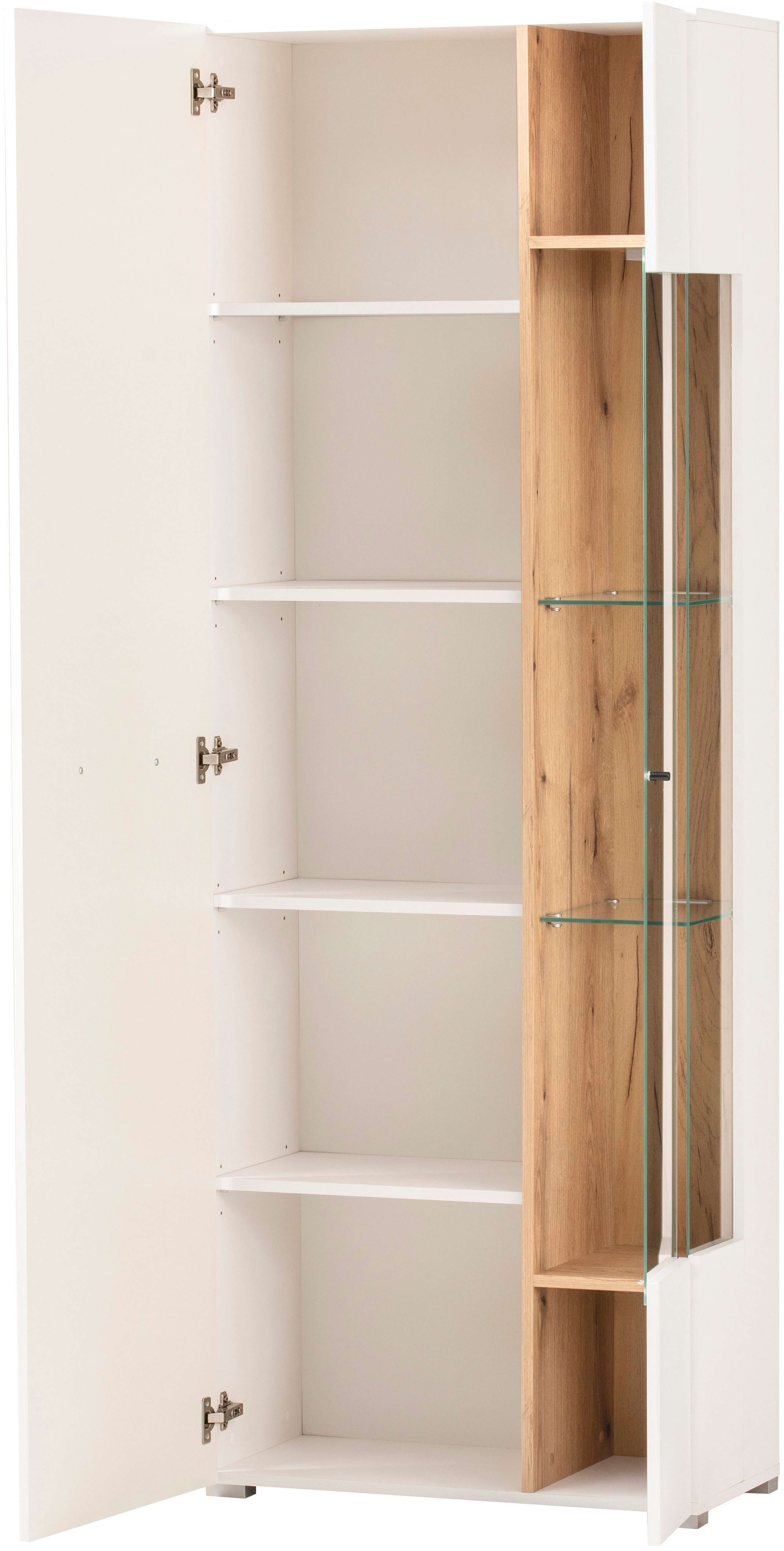 INOSIGN Vitrinekast Salerno Hoge kast, Glazen vitrine, Wit met Eik Evoke Decor, modern. Metalen handgrepen, voldoende opbergruimte, veelzijdig inzetbaar, 72 cm breed