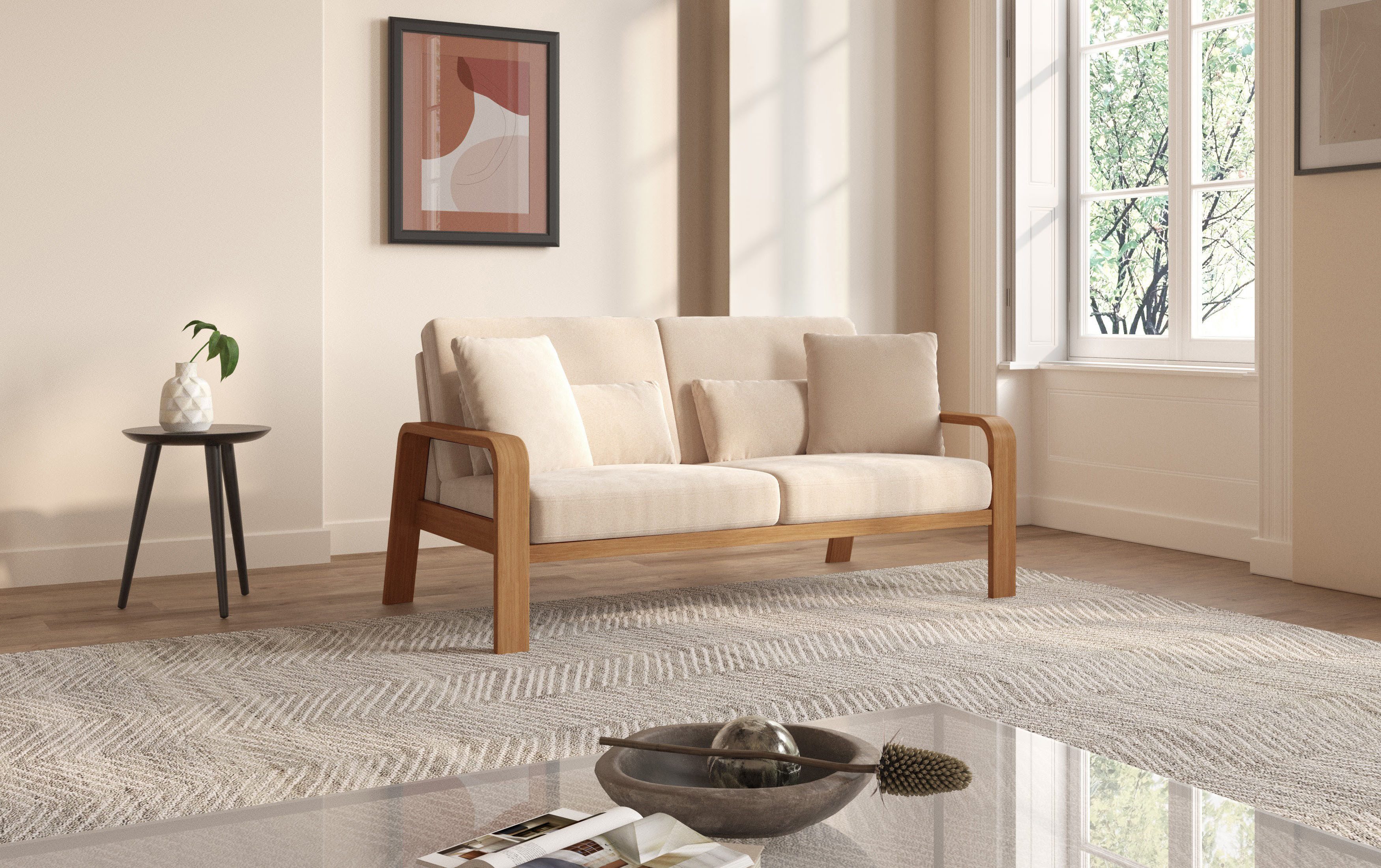 sit&more 2,5-zitsbank Kolding Armleuningen van eikenkleurig beukenhout, verschillende bekledingen en kleuren