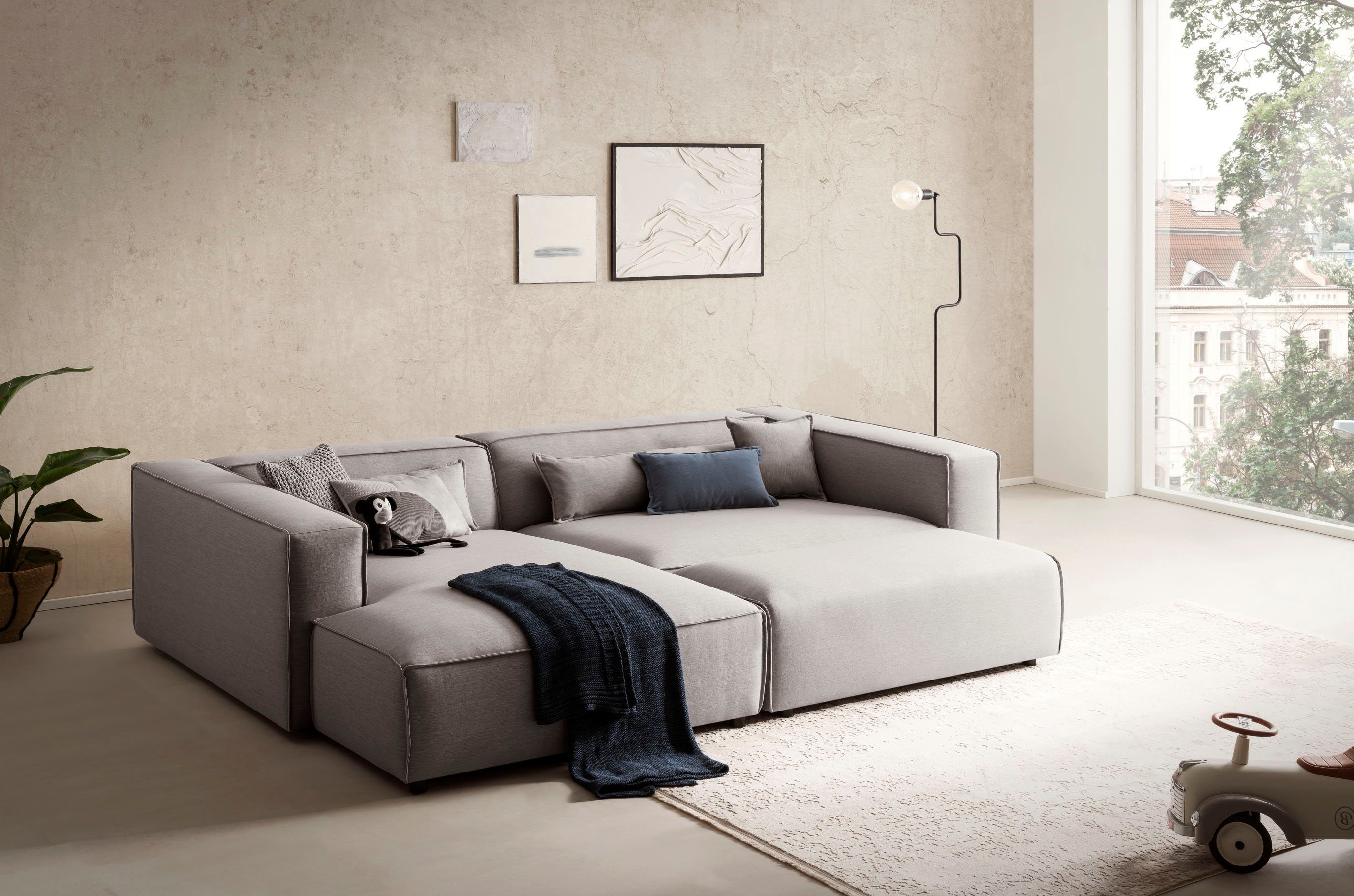 LeGer Home by Lena Gercke Hoekbank PIARA XXL, L-vorm met slaapfunctie, Big-sofa in cord of linnenlook Hocker verstelbaar tot slaapbank (krokodillenverbinder), diepe zitting