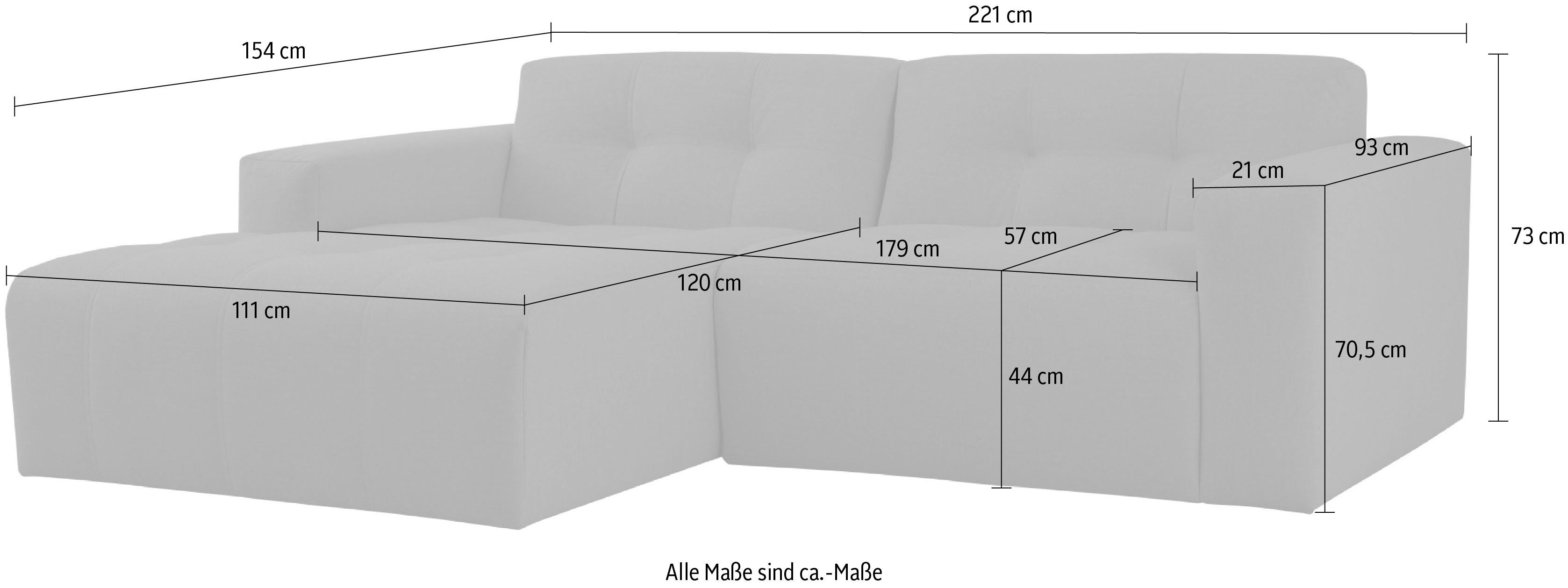 INOSIGN Hoekbank Tapley Breedte 221 cm, L-vorm, fijne structuur, met knoopstiksel, vloerhoog