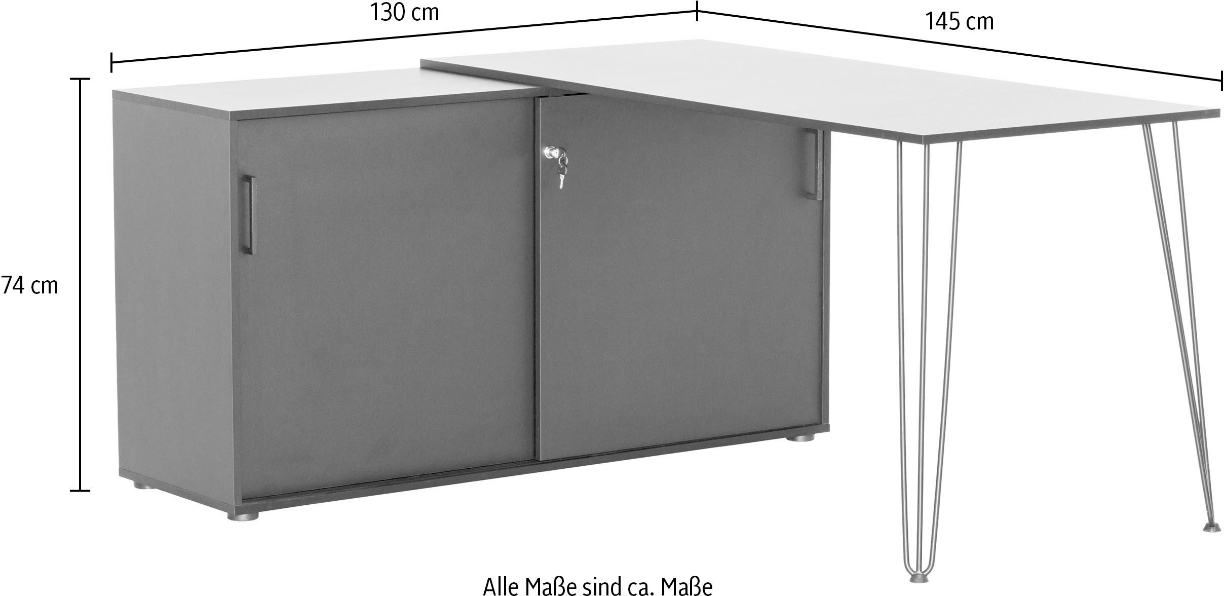 Schildmeyer Hoekbureau Ekko, breedte 130 cm Metalen beslag, haarnadelvoeten, tafelblad willekeurig te monteren