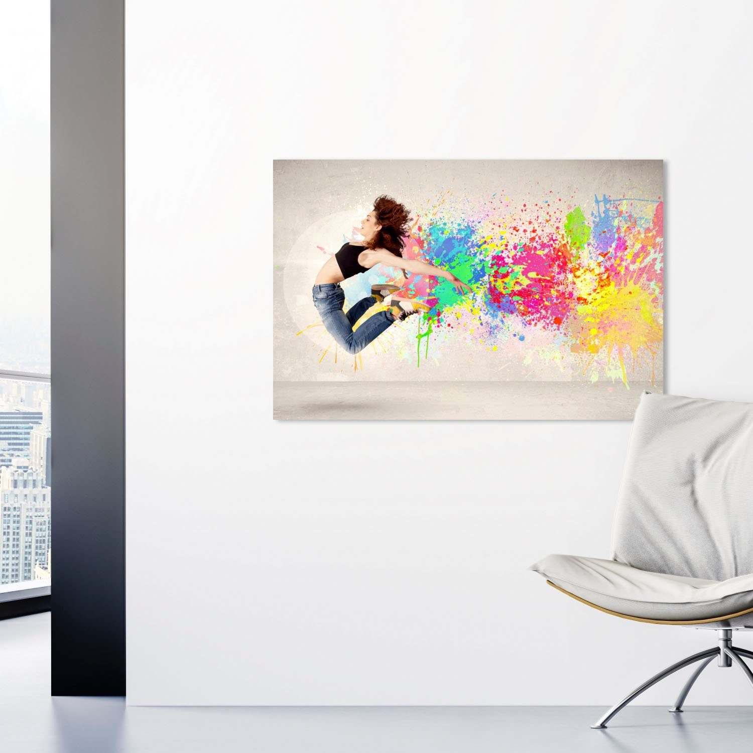 queence Artprint op acrylglas Springende vrouw Fine Art-print in galeriekwaliteit