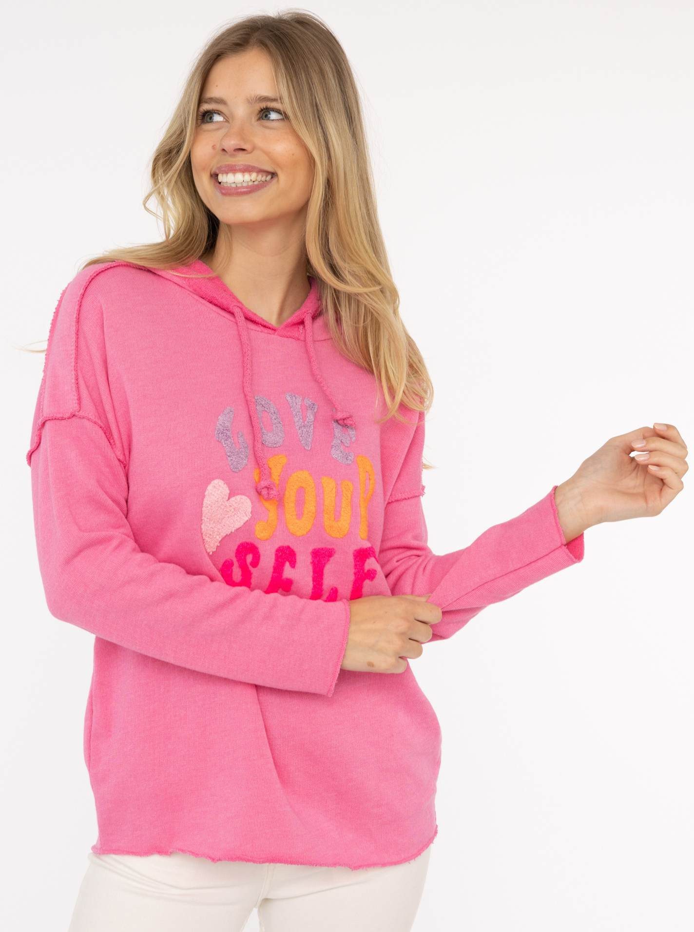 Zwillingsherz Hoodie "Love Yourself" met capuchon en flockprint in frisse kleuren dames truien met capuchon maat L/XL roze