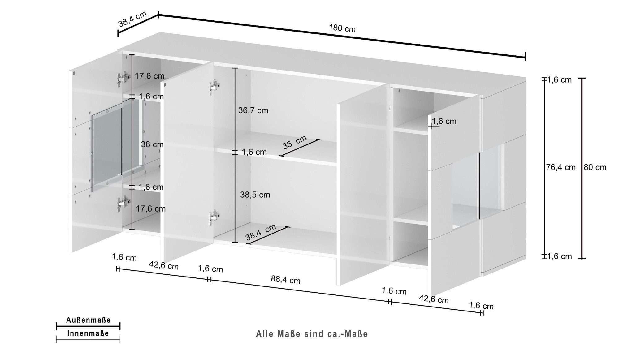 INOSIGN Dressoir Egypte, Ladekast, Kast, Buffet, Vitrine greeploos 4 deuren waarvan 2 met glas inzet, compleet hoogglans gelakt, breedte 180