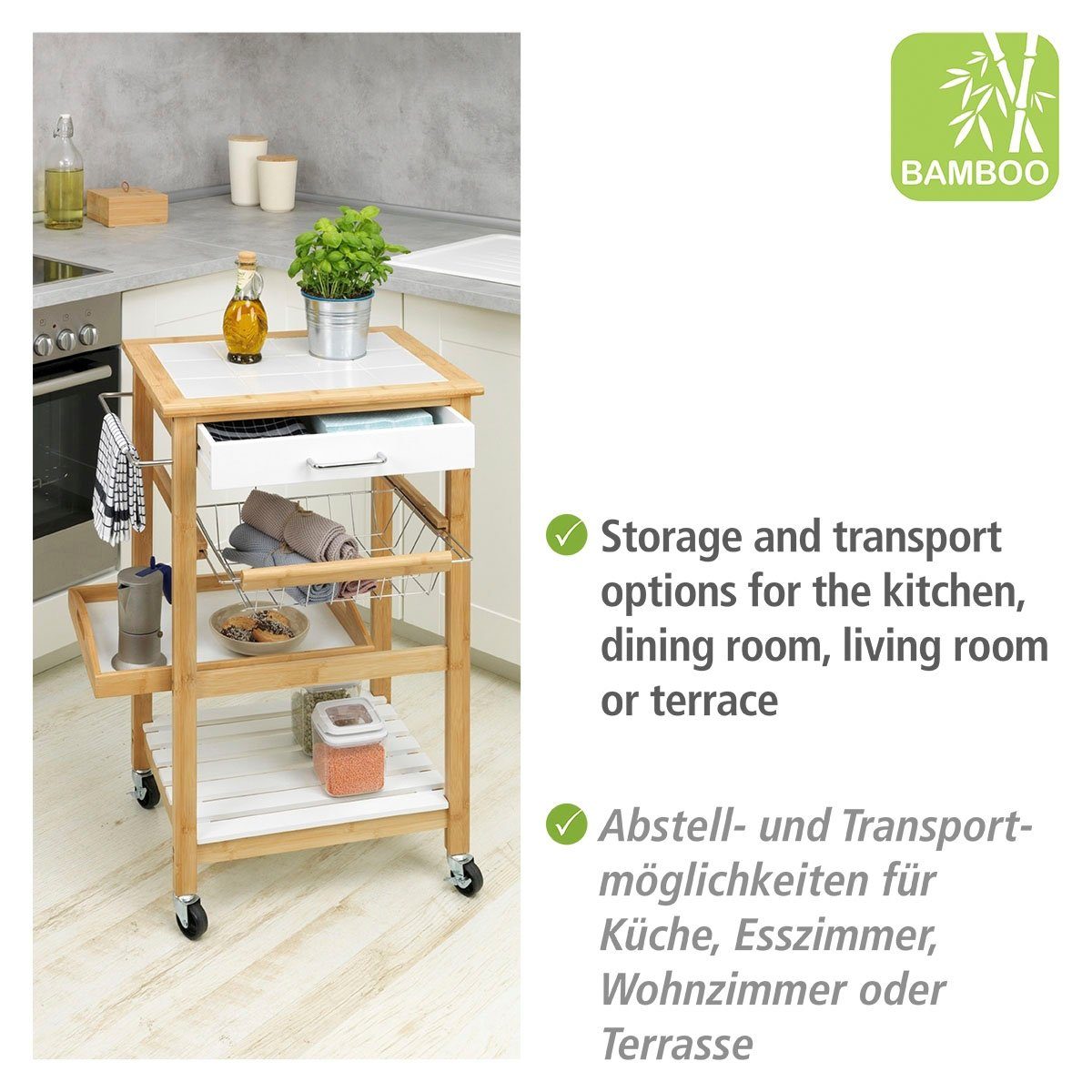 WENKO Pakketwagen Finja 3 plateaus, 1 ophangmogelijkheid, 1 mand, 1 lade