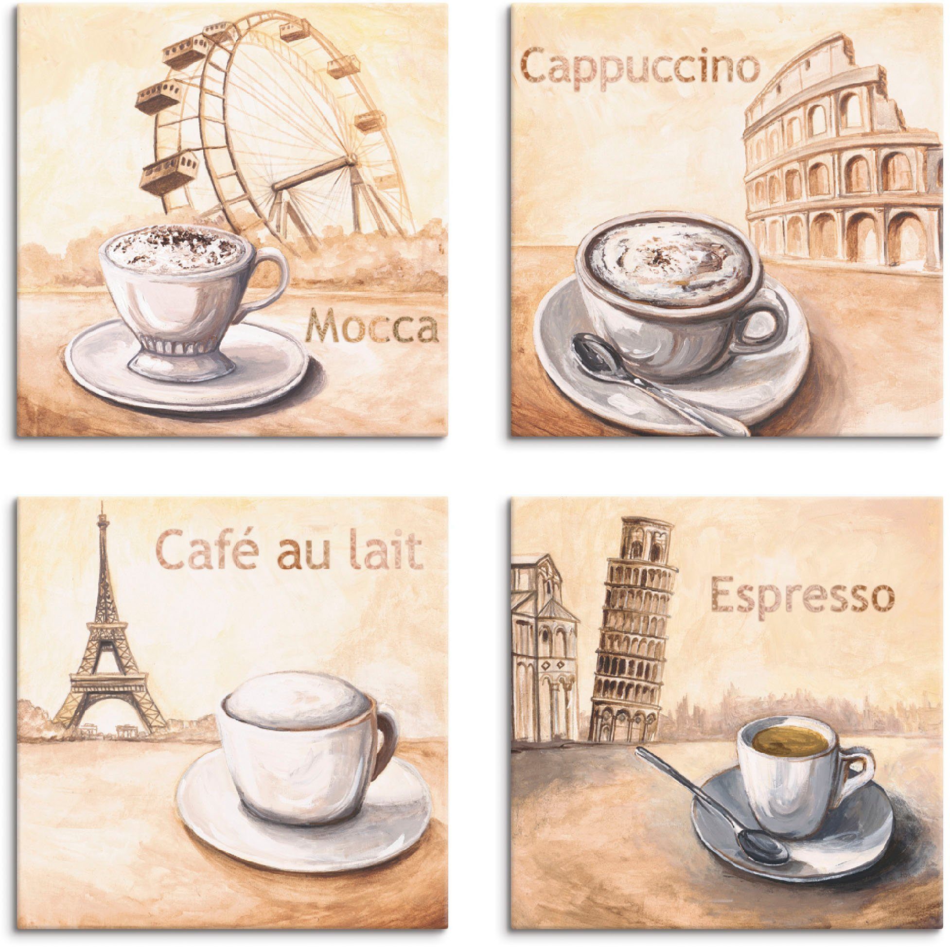 Artland Artprint op linnen Mokka cappuccino café au lait espresso (4 stuks)