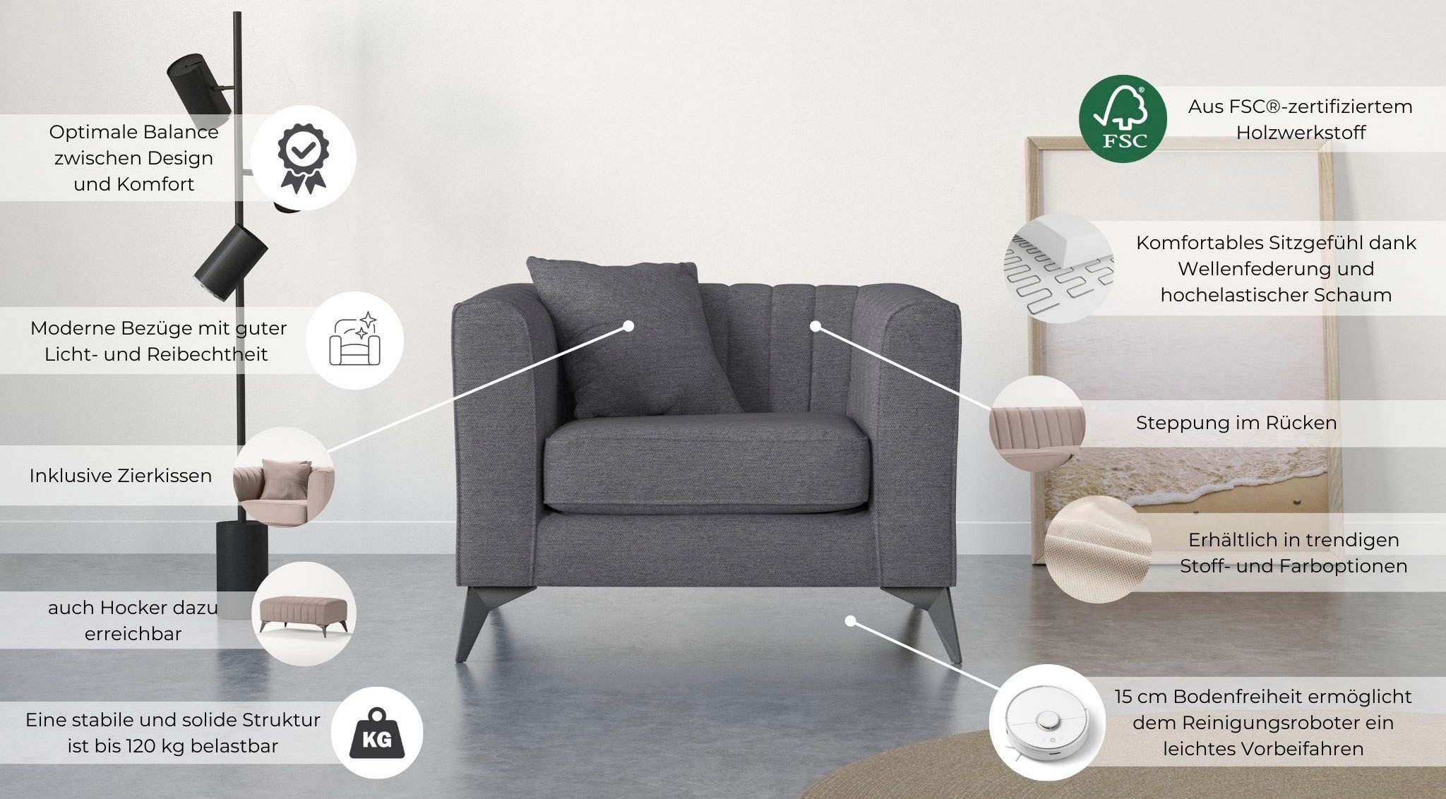 Places of Style Fauteuil MATTHEW loungestoel, afmetingen B/D/H: 99/86/74 cm