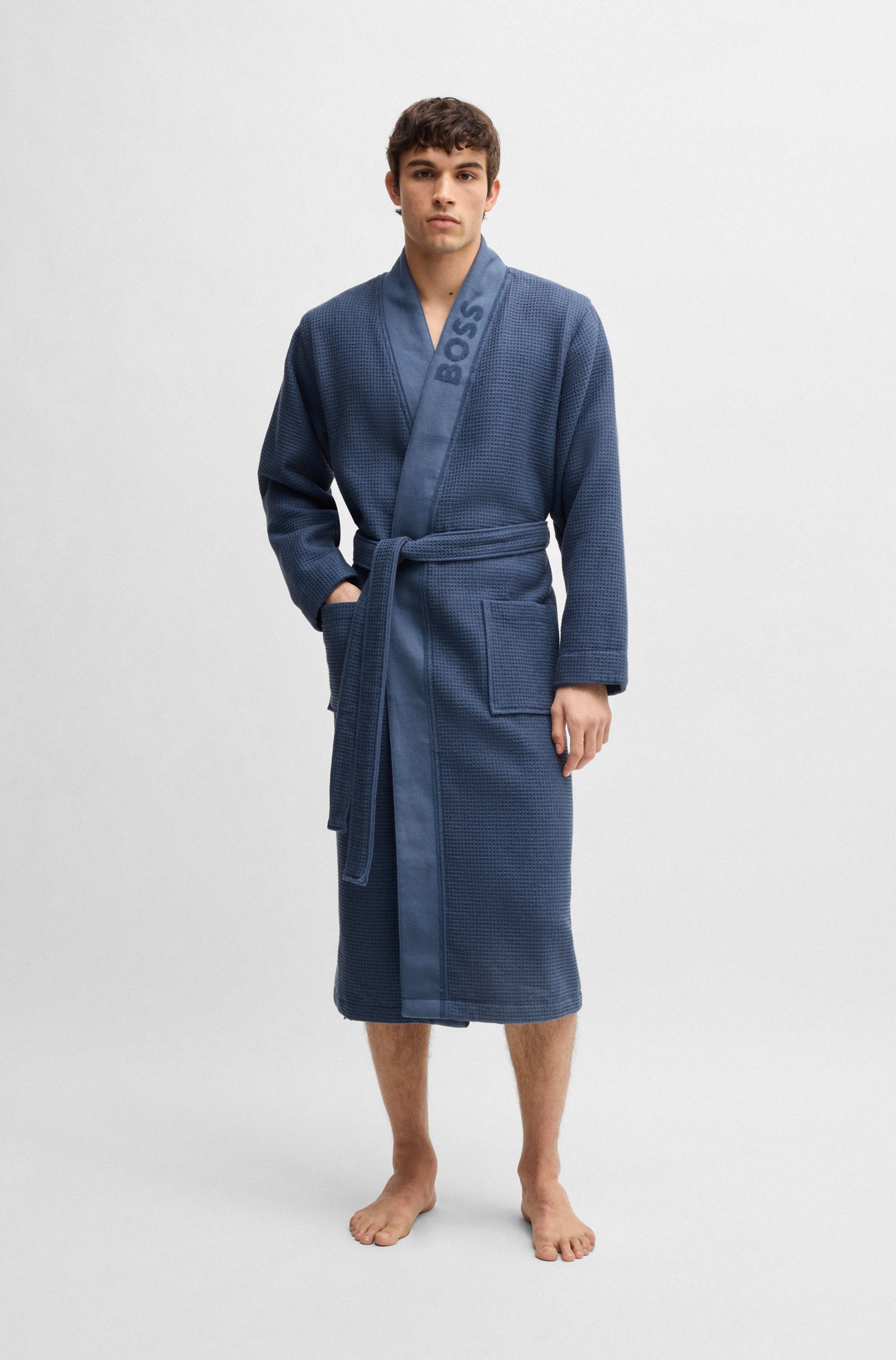BOSS Ochtendjas Waffle Kimono met groot logo van velours