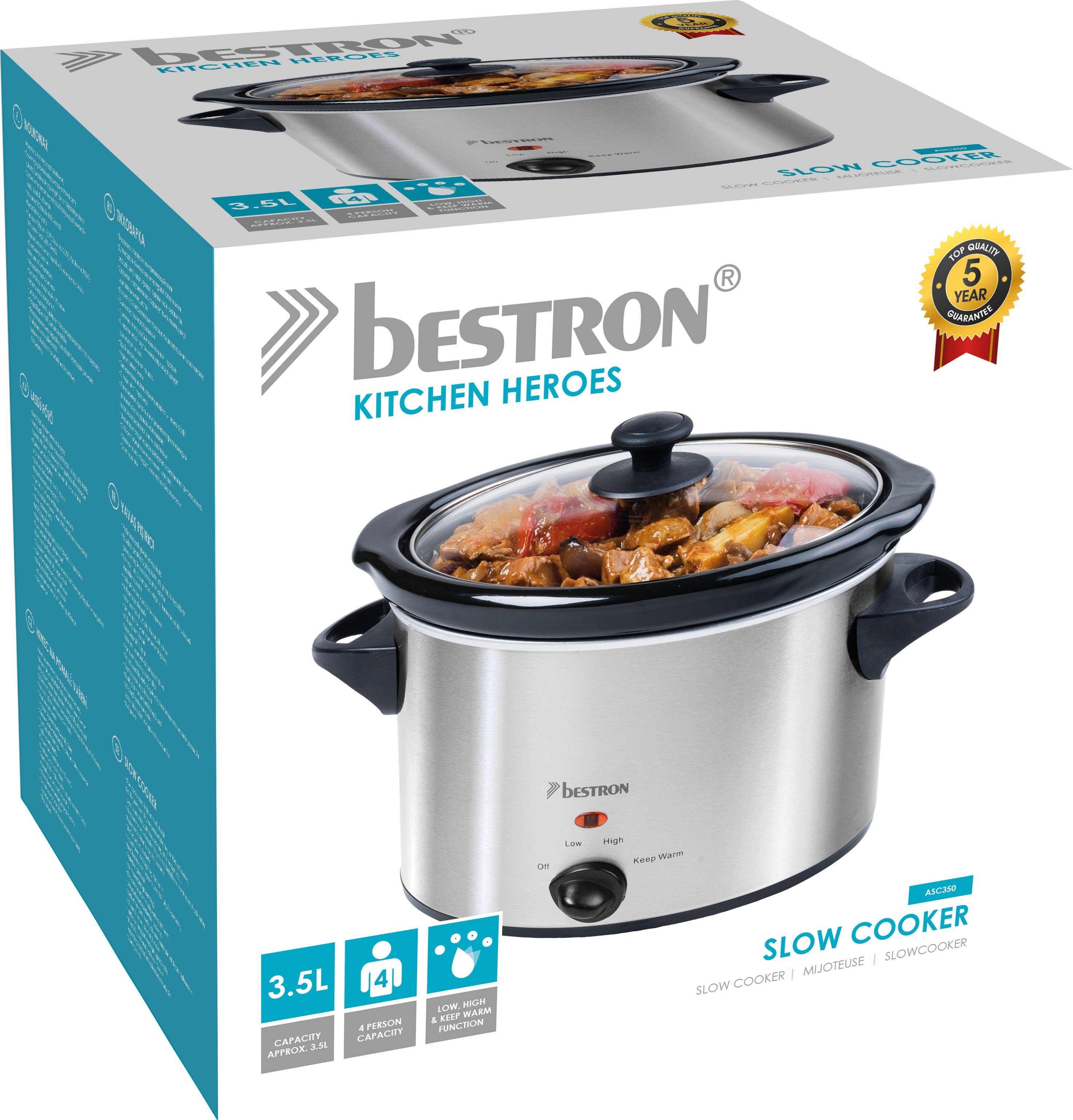 bestron Slowcooker ASC350 met keramische pan en glazen deksel, 3,5 liter, edelstaal