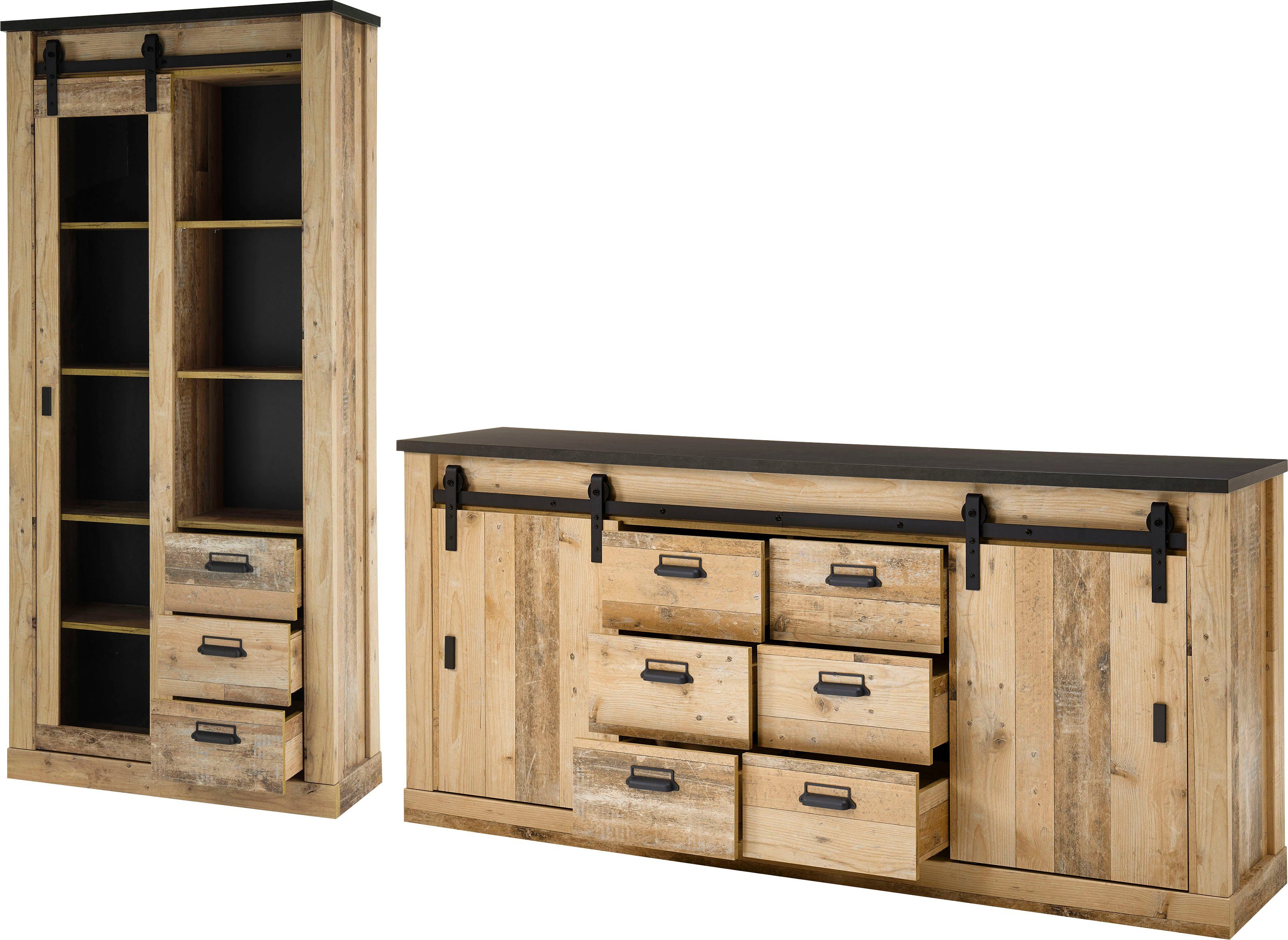 Home affaire Wandmeubel Sherwood Schuurdeurbeslag en apothekersgrepen van metaal, hoogte 201 cm (2-delig) tv-wandmeubels bruin