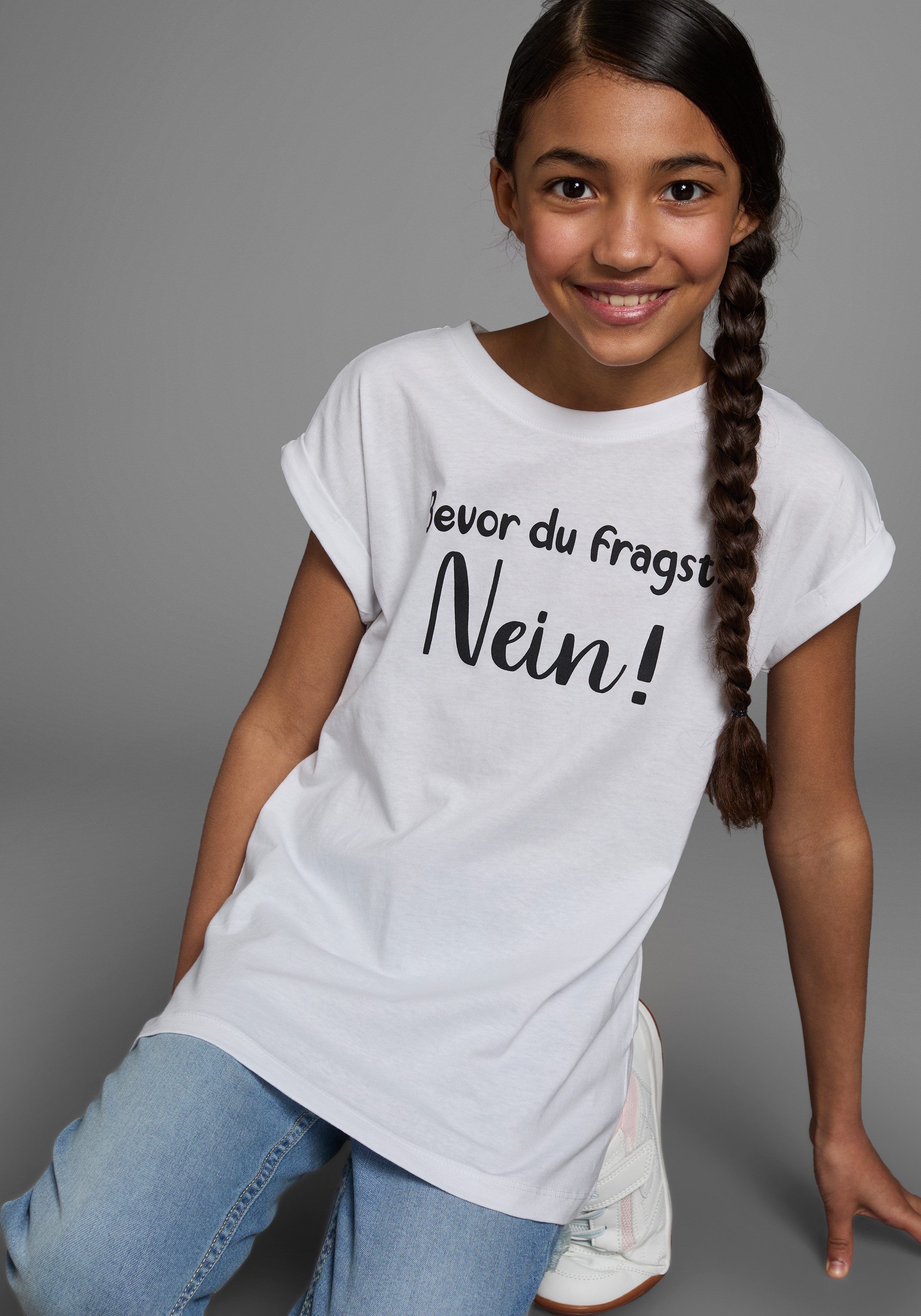 KIDSWORLD T-shirt Bevor Du fragst: NEIN! Korte mouwen, met print, ronde hals meisjes t-shirts maat 176/182 wit