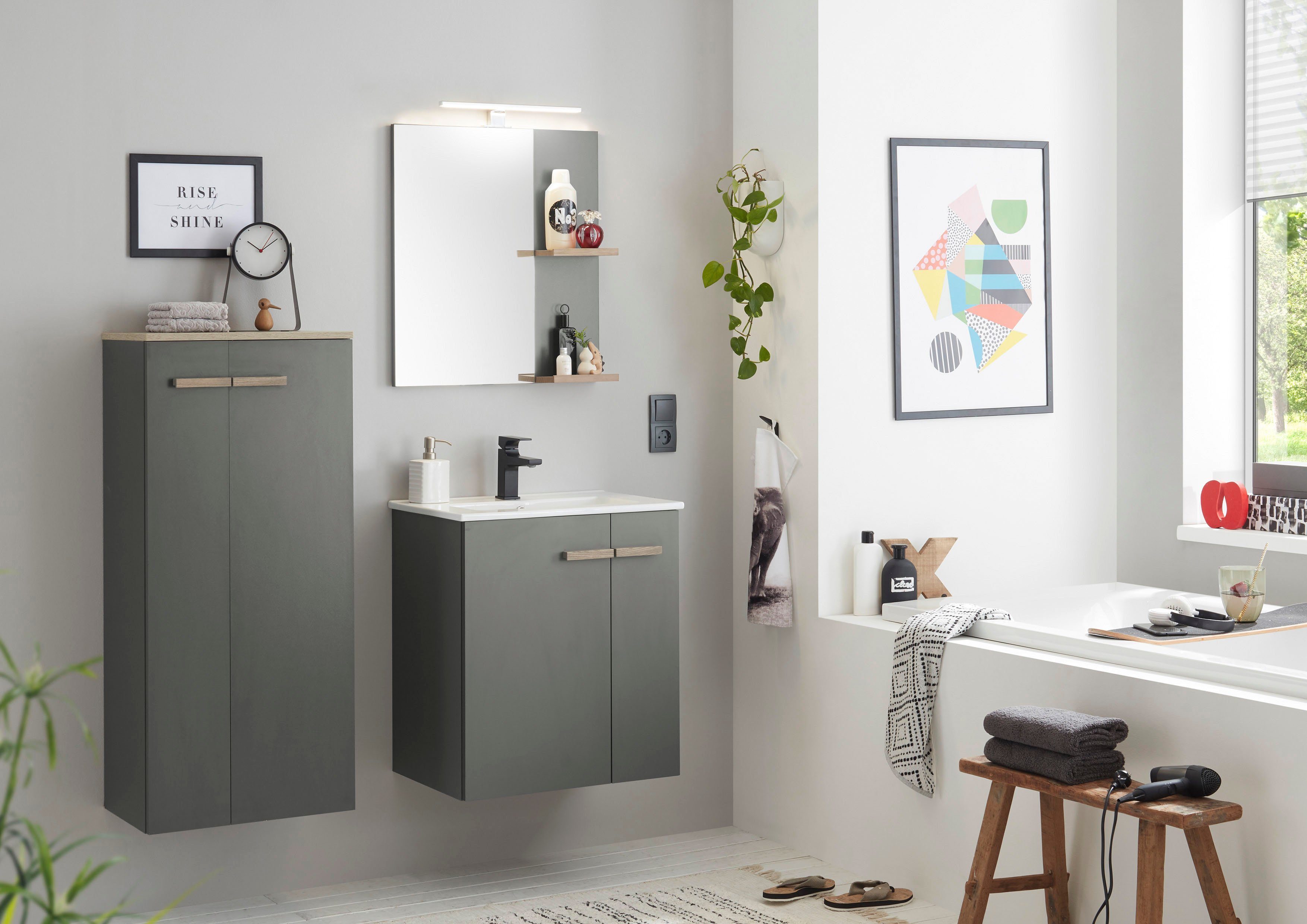 Places of Style Badkamerserie SOLiD, Badmöbel-Set, Bad im modernen Design, 3-teiliges Badezimmer Totale breedte 130 cm, wastafelonderkast met inbouw-wasbak, halfhoge kast (3-delig)
