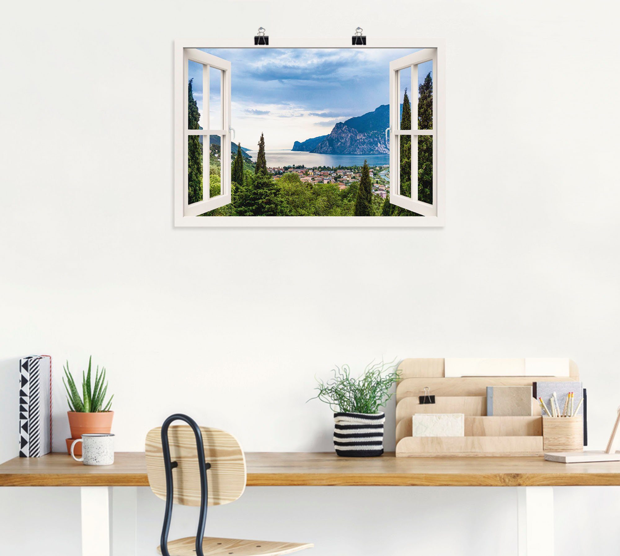 Artland Artprint Gardameer door het witte raam als artprint van aluminium, artprint voor buiten, artprint op linnen, poster, muursticker