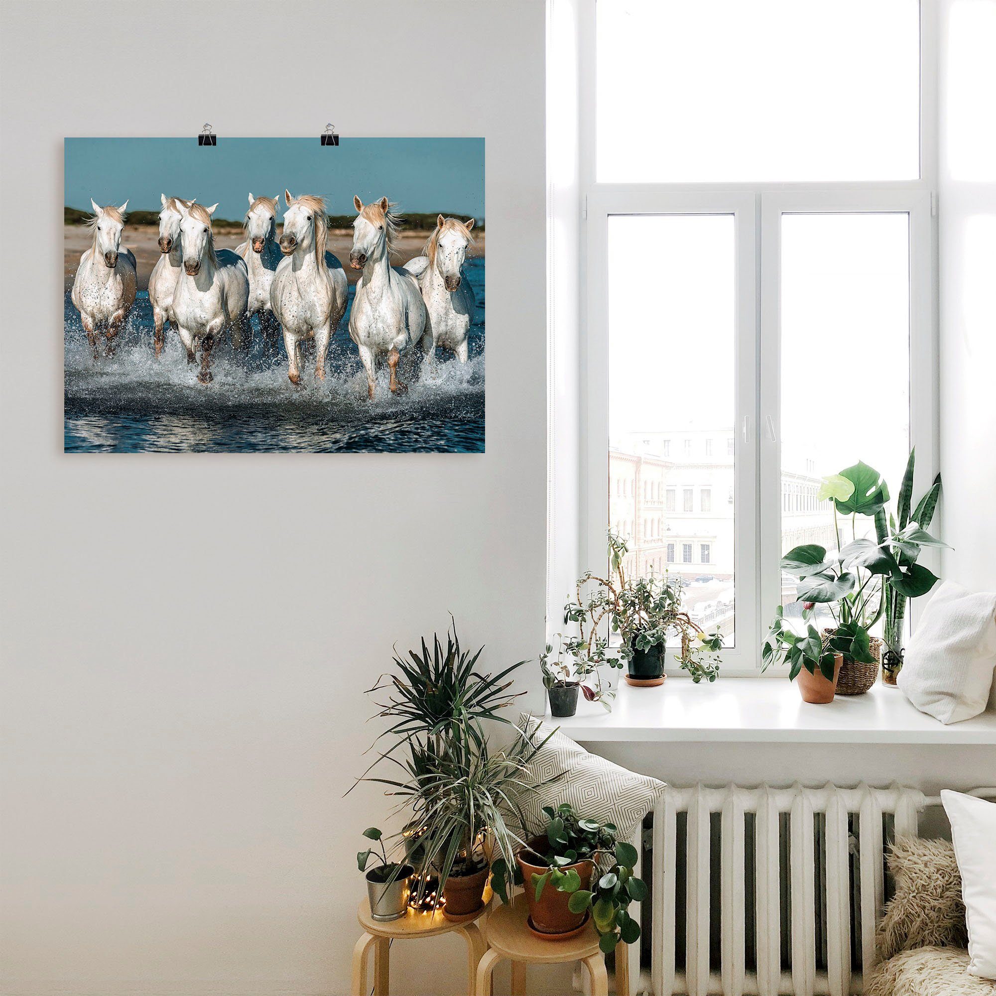 Artland Artprint Camargue paarden galopperen op het strand als artprint van aluminium, artprint voor buiten, artprint op linnen, poster, muursticker