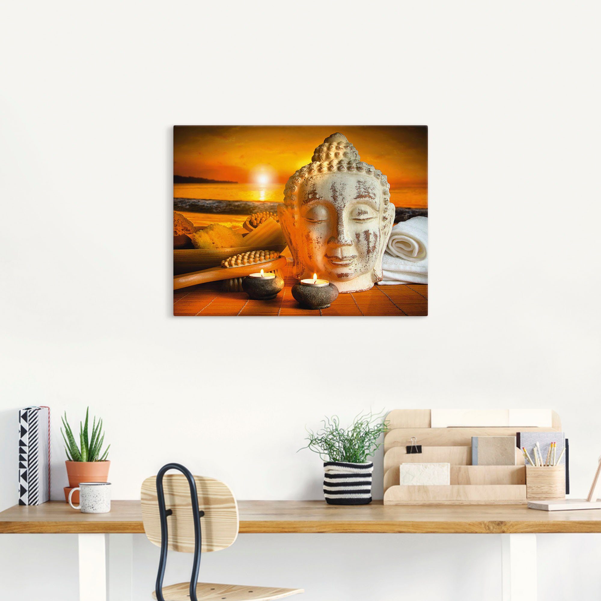 Artland Artprint Bad-accessoires met boeddha-standbeeld als artprint van aluminium, artprint op linnen, muursticker, verschillende maten