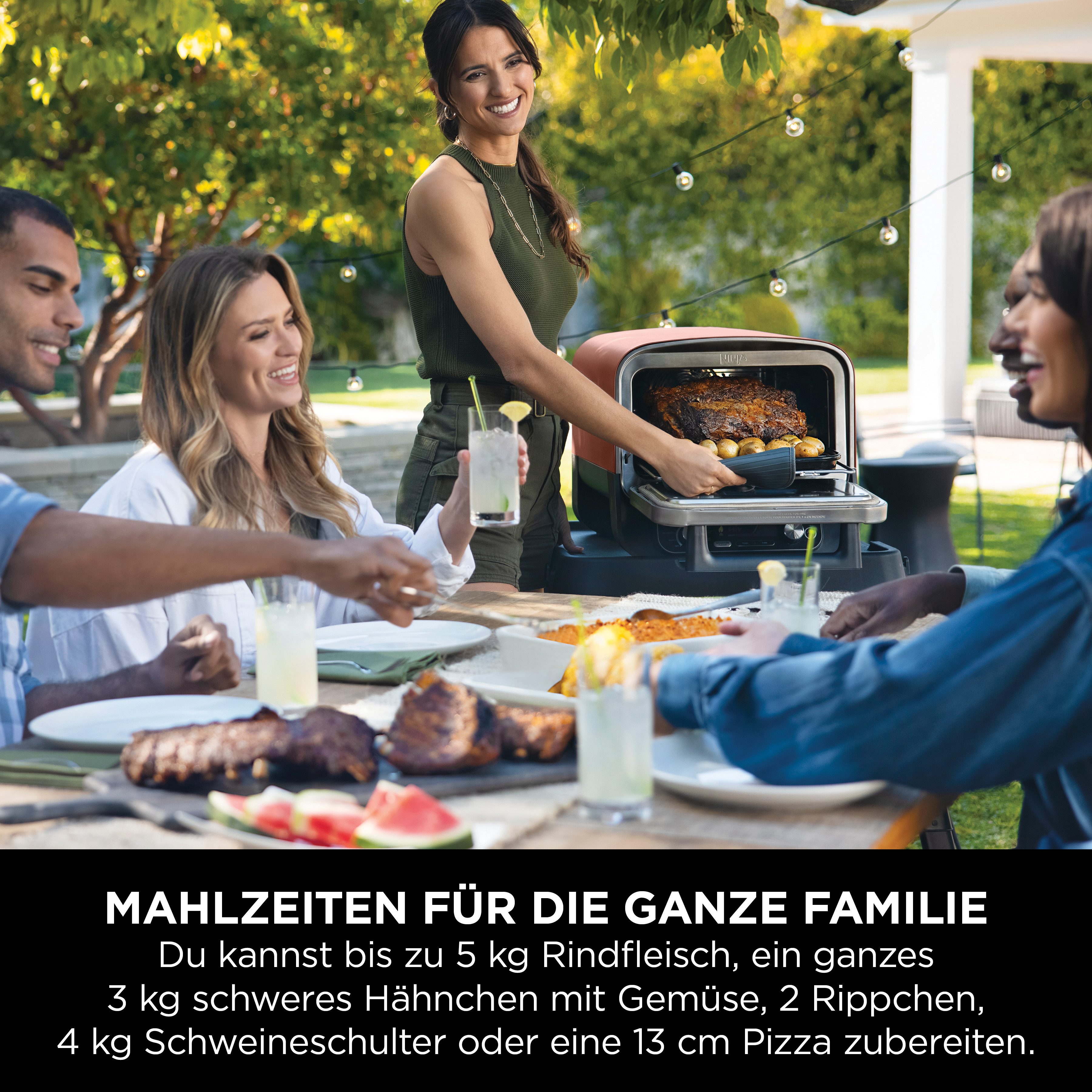 NINJA Multifunctionele oven OO101EU, Elektrische Outdoor pizzaoven en roker, 8-in-1: Pizza Bakken, Max Roast, grillen, bakken/roosteren, roken, drogen & warmhouden