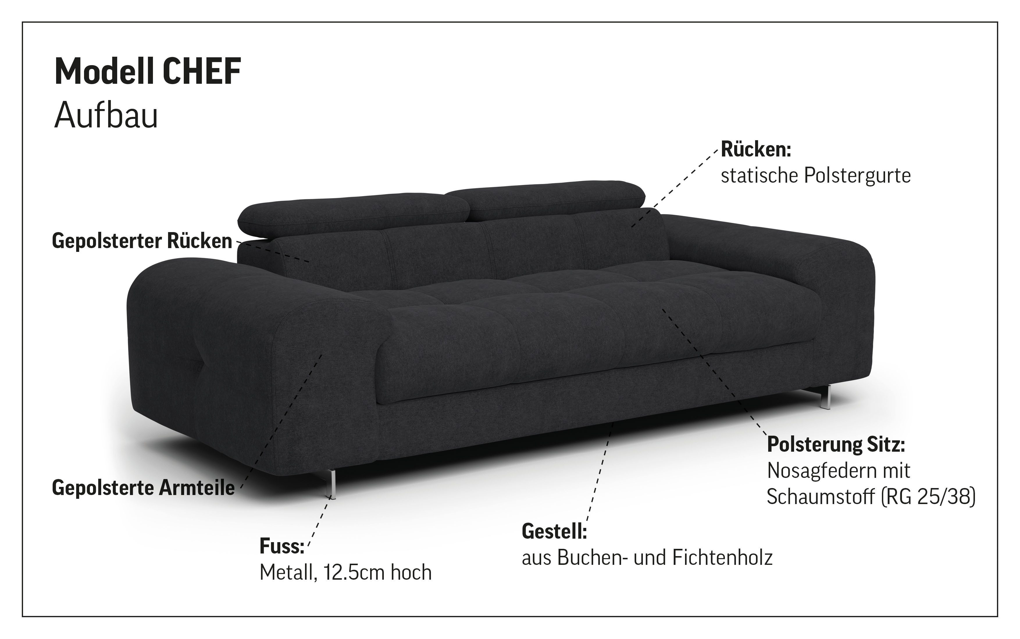COTTA 3-zitsbank Chef Big-sofa met verstelbare rugleuning, elegante metalen poten