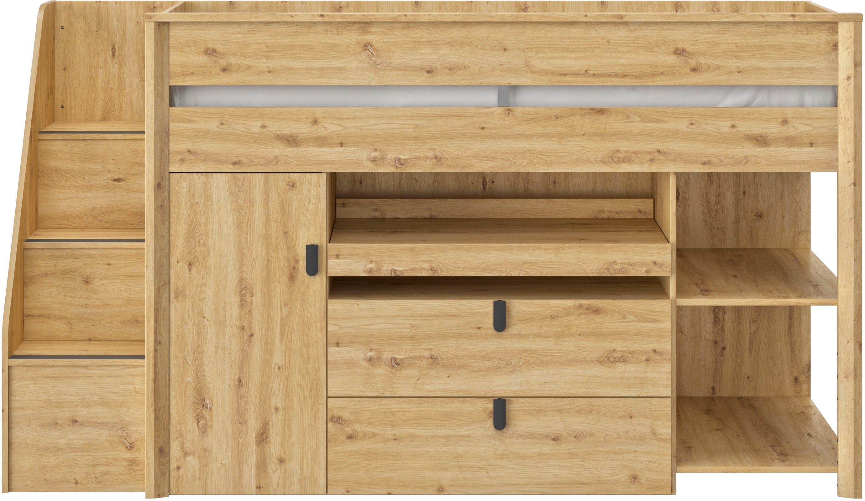 Gami Stapelbed Mael Hoogslaper met bureau en opbergmogelijkheden (1 stuk) stapelbedden beige