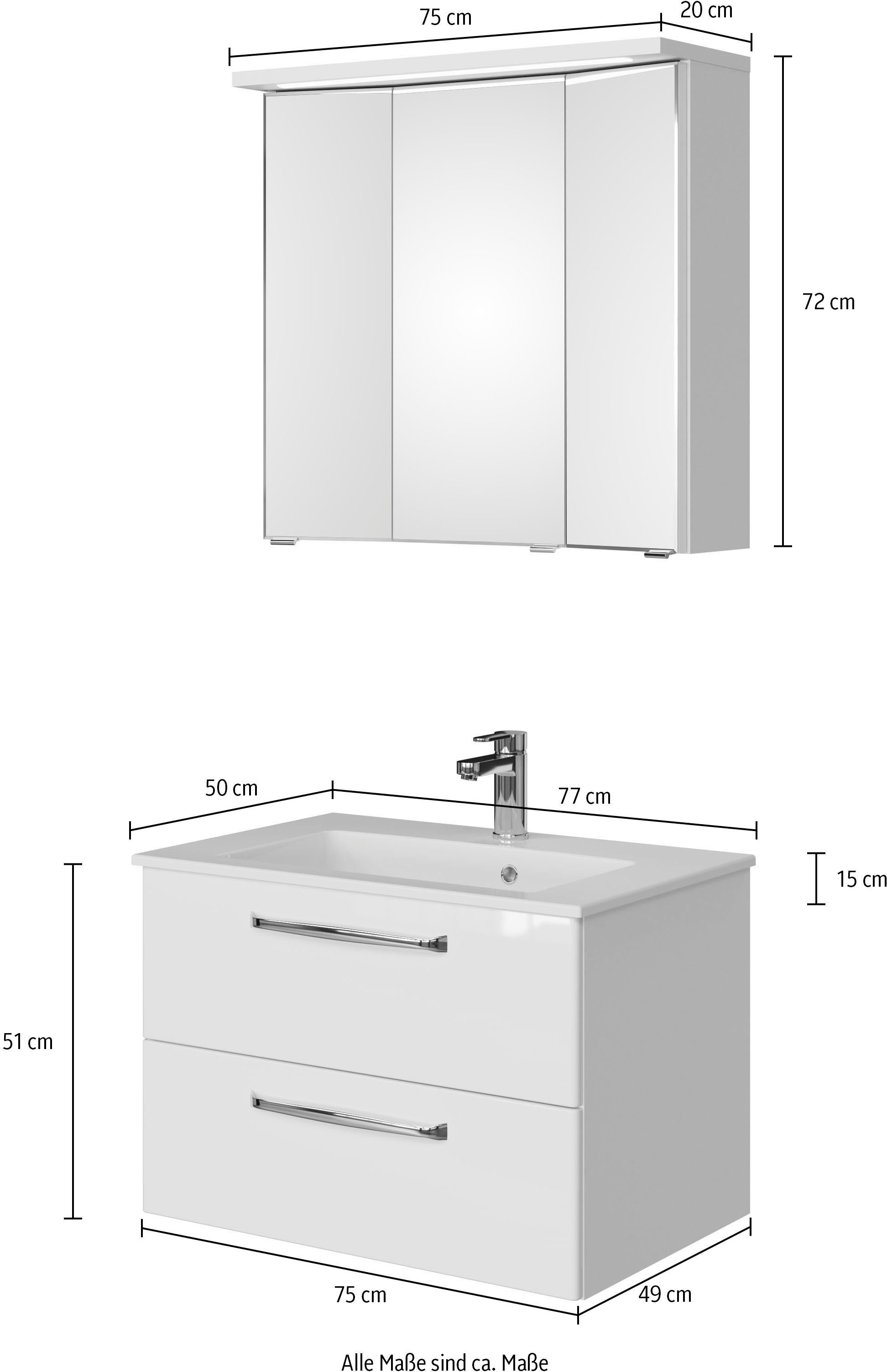 Saphir Badmeubelset Trentino 2-delig mineralen marmer wasbak met LED spiegelkast Badkamermeubel-set 77cm breed, incl. deurdemper, 3 deuren, 2 lades (3 stuks)