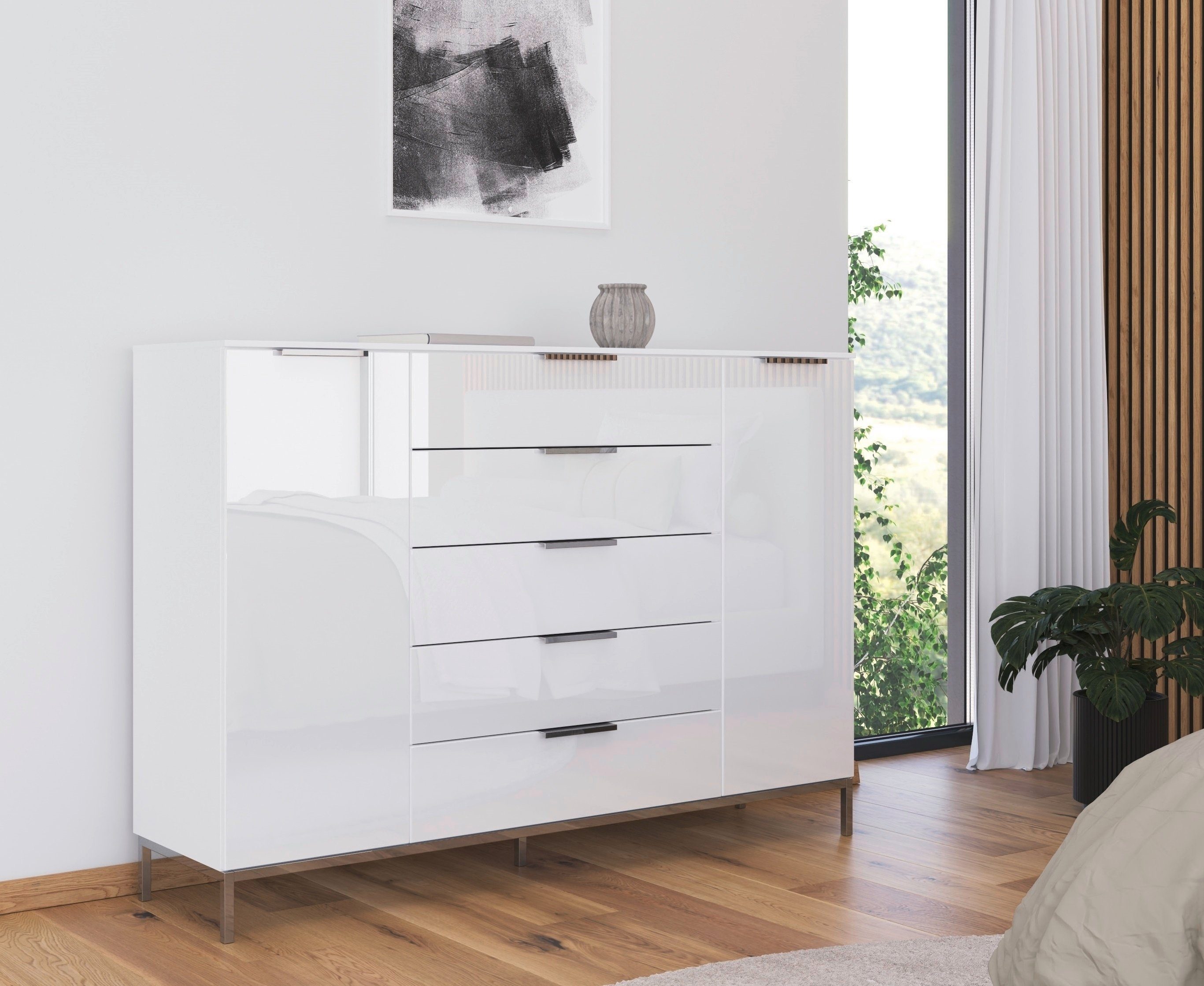 rauch Ladekast Flipp kast waskast bestseller sideboard 2-deurs met 5 laden en soft-close functie, glazen front, 2 breedtes