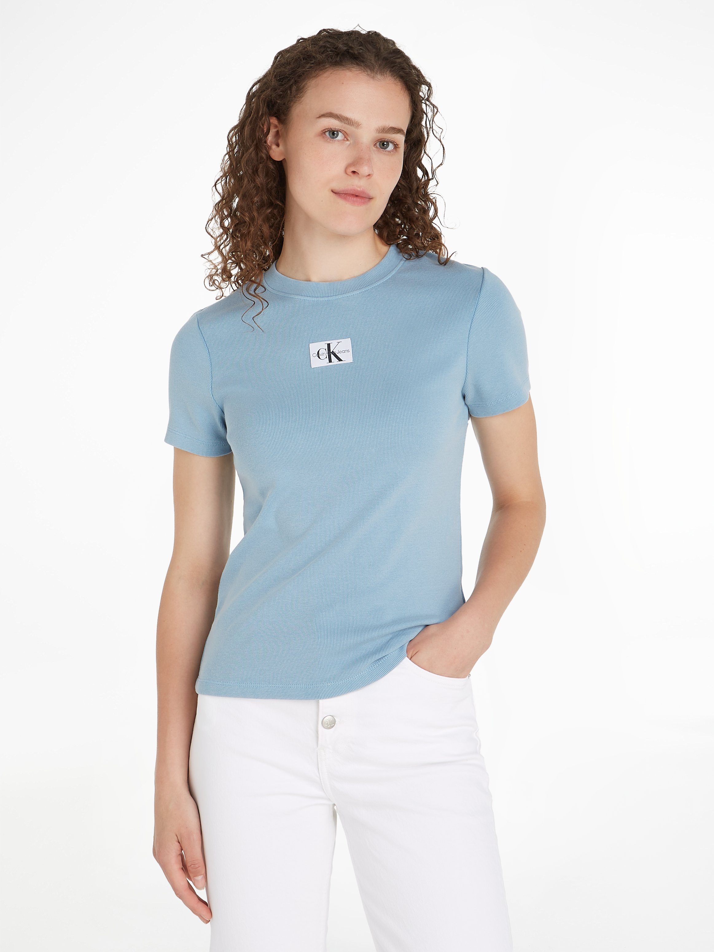 CALVIN KLEIN Dames Tops & T-shirts Label Washed Rib Slim Tee Lichtblauw
