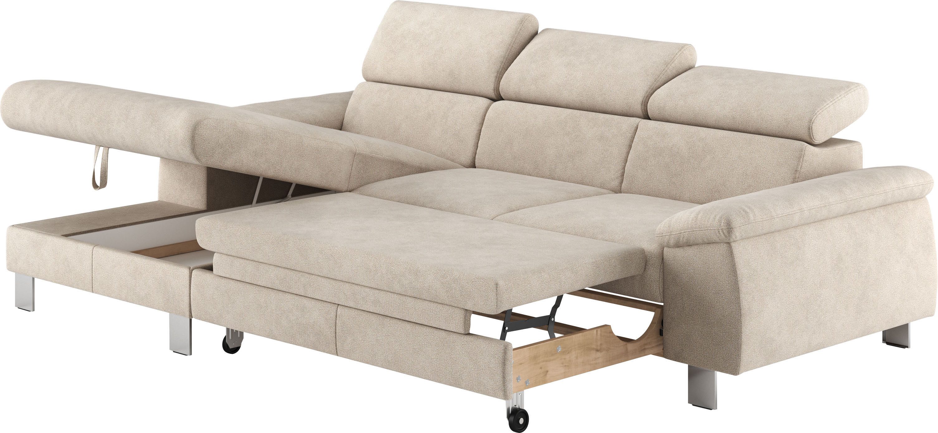 COTTA Hoekbank Komaris L-vorm, B: 244 cm met hoofdverstelling, optioneel bedfunctie, bedlade & licht