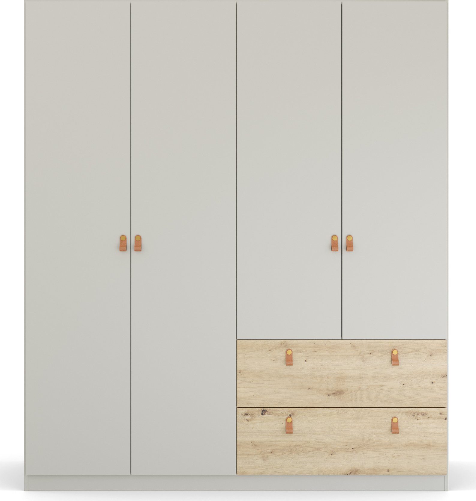 rauch Draaideurkast Homey by Quadra Spin met cognacbruine leren greeplussen, laden in eiken-decor