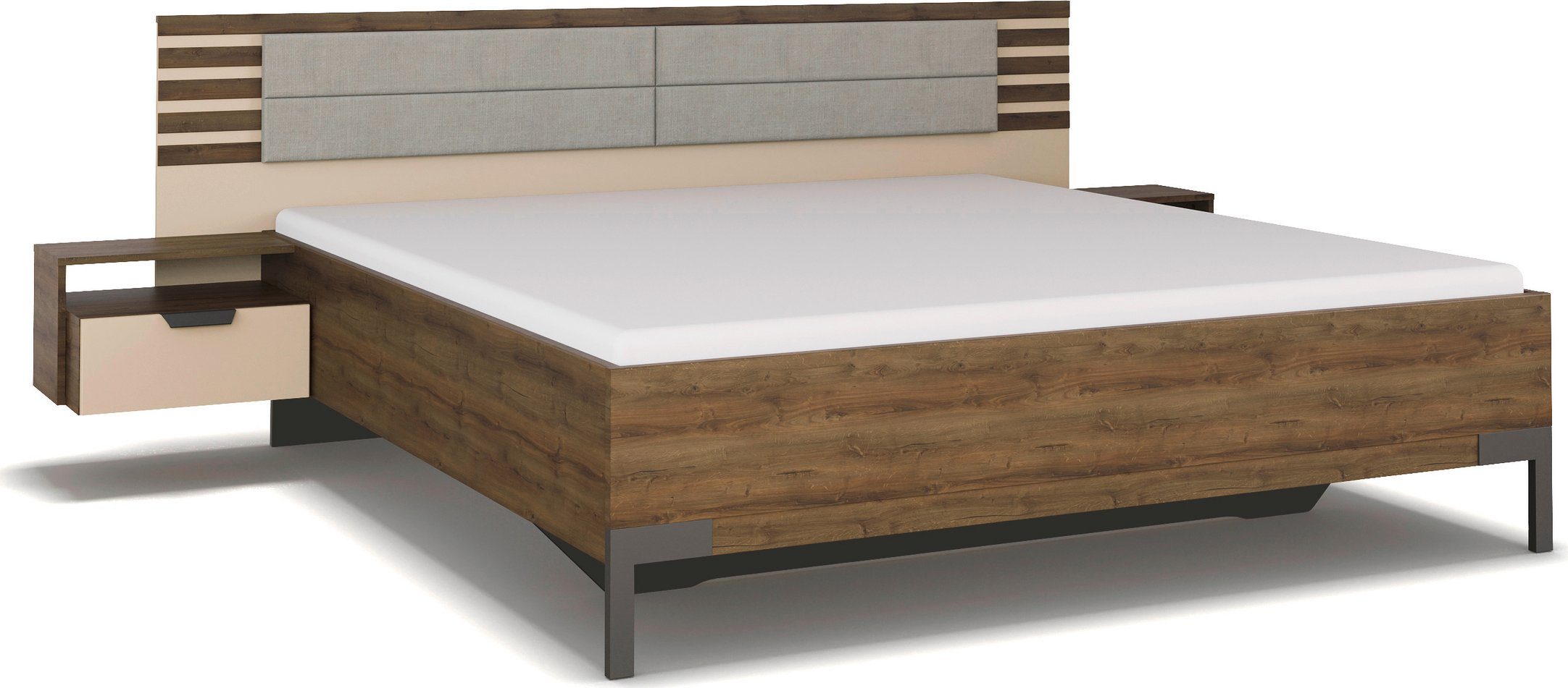 rauch Ledikant Bed Tweepersoons Futonbed BAREA met hangende nachtkastjes en hoofdbord met gestoffeerd kussen